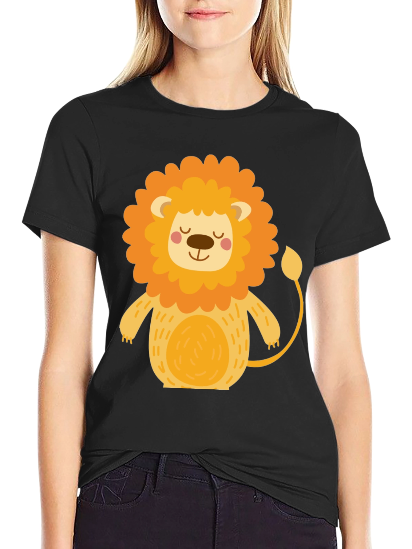 Black Cute Cartoon Lion Black T-Shirt view 2