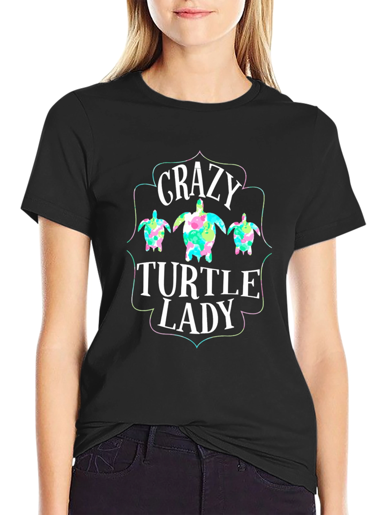 Black Crazy Turtle Lady Graphic T-Shirt - Black view 2