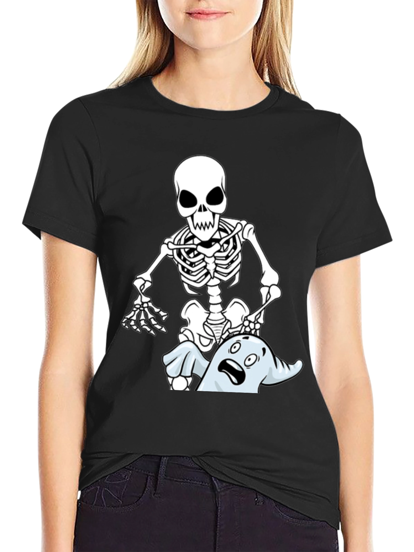 Black Funny Skeleton & Ghost Graphic T-Shirt - Black view 2