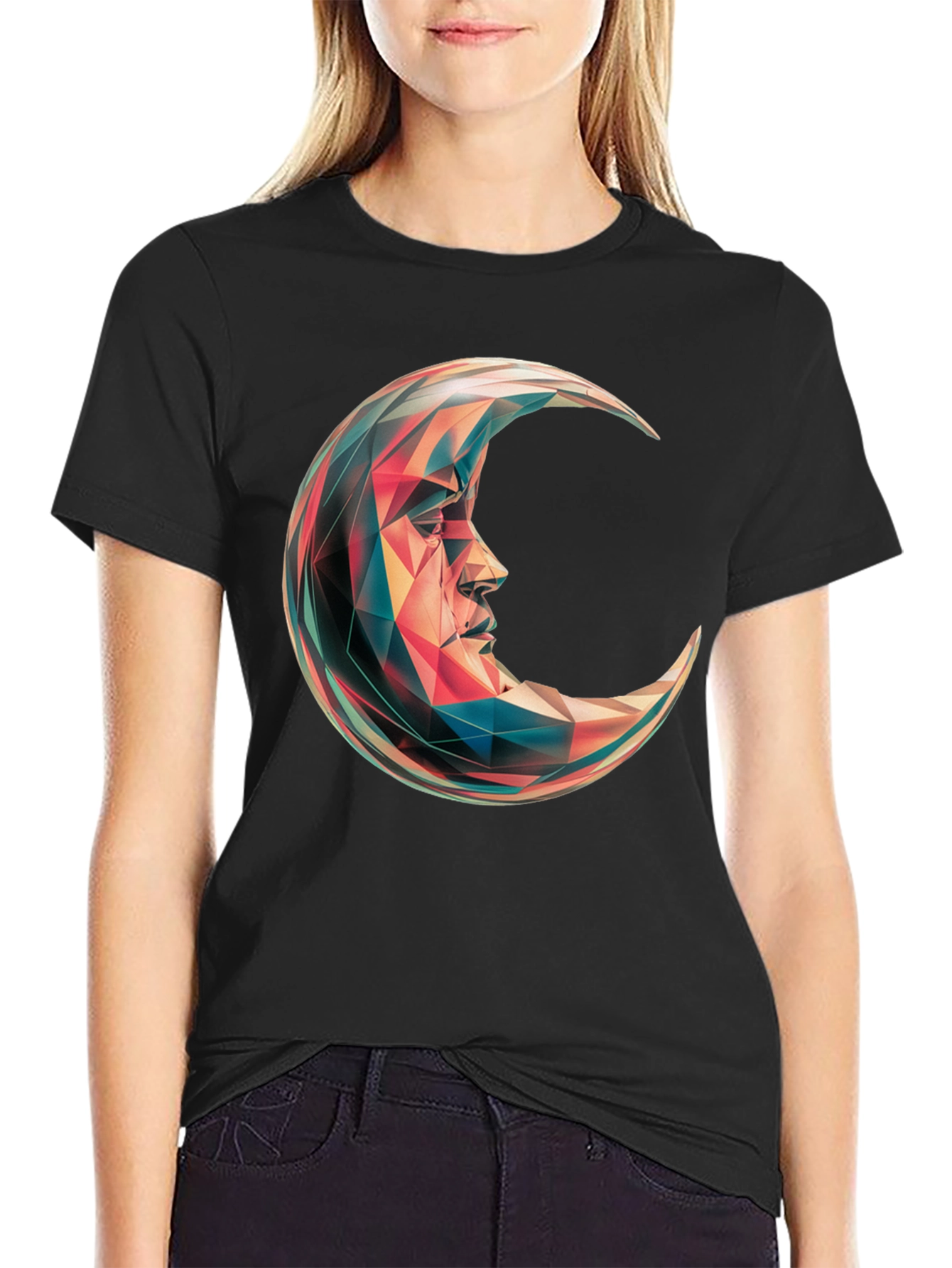 Black Geometric Crescent Moon Graphic T-Shirt - Black view 2