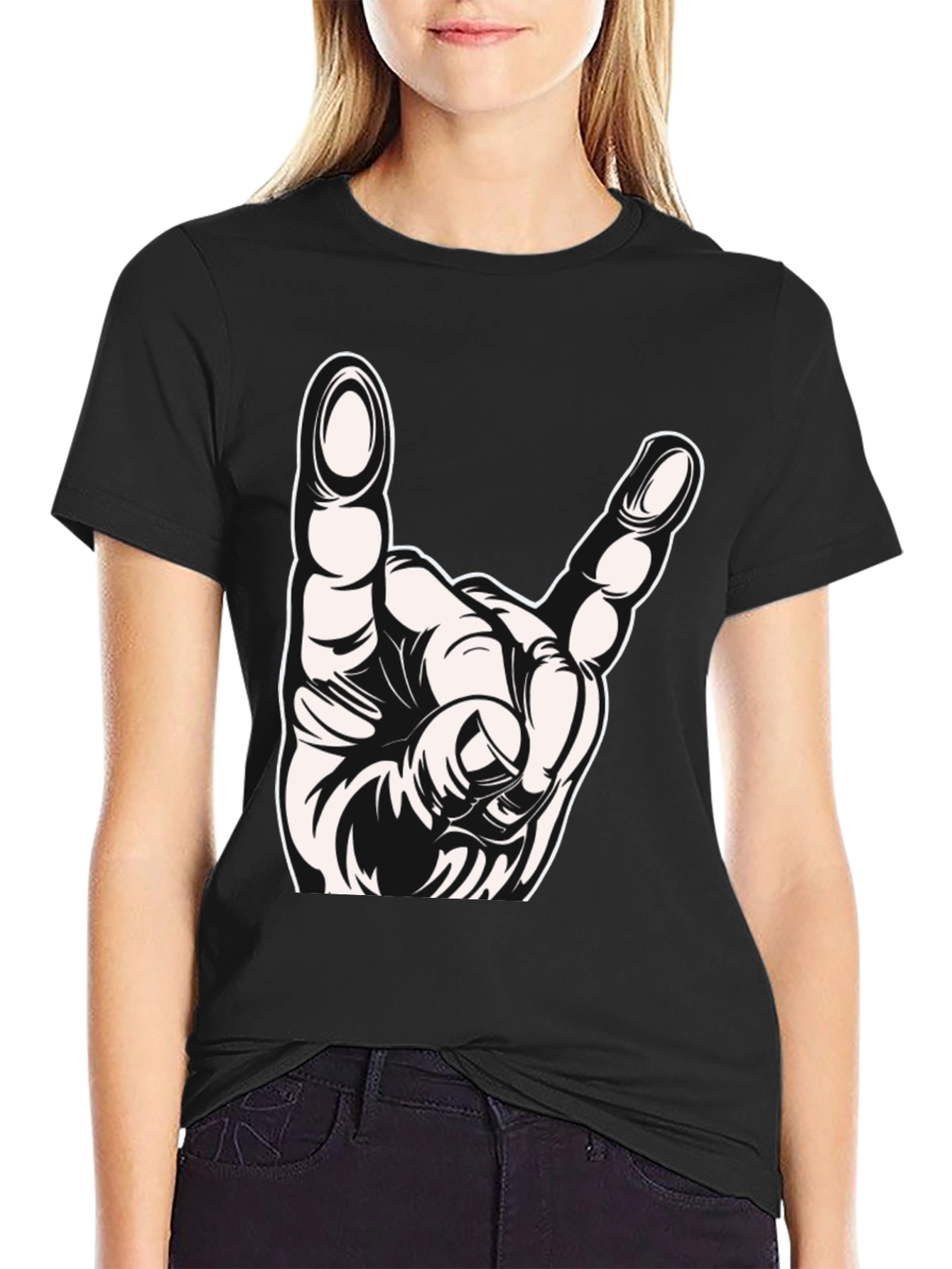 Black Rock On Hand Gesture Graphic T-Shirt view 2