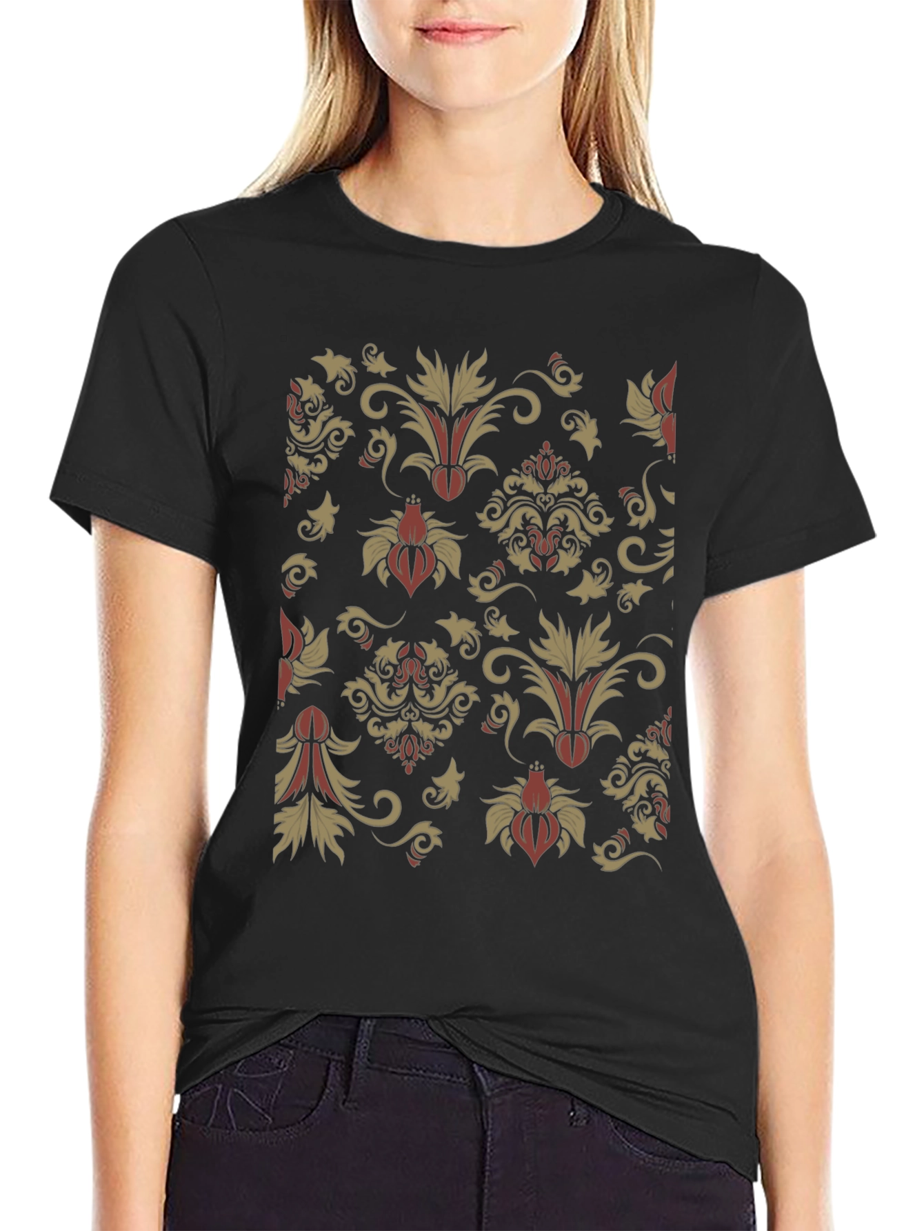 Black Floral Damask Print Black Crewneck T-Shirt view 2