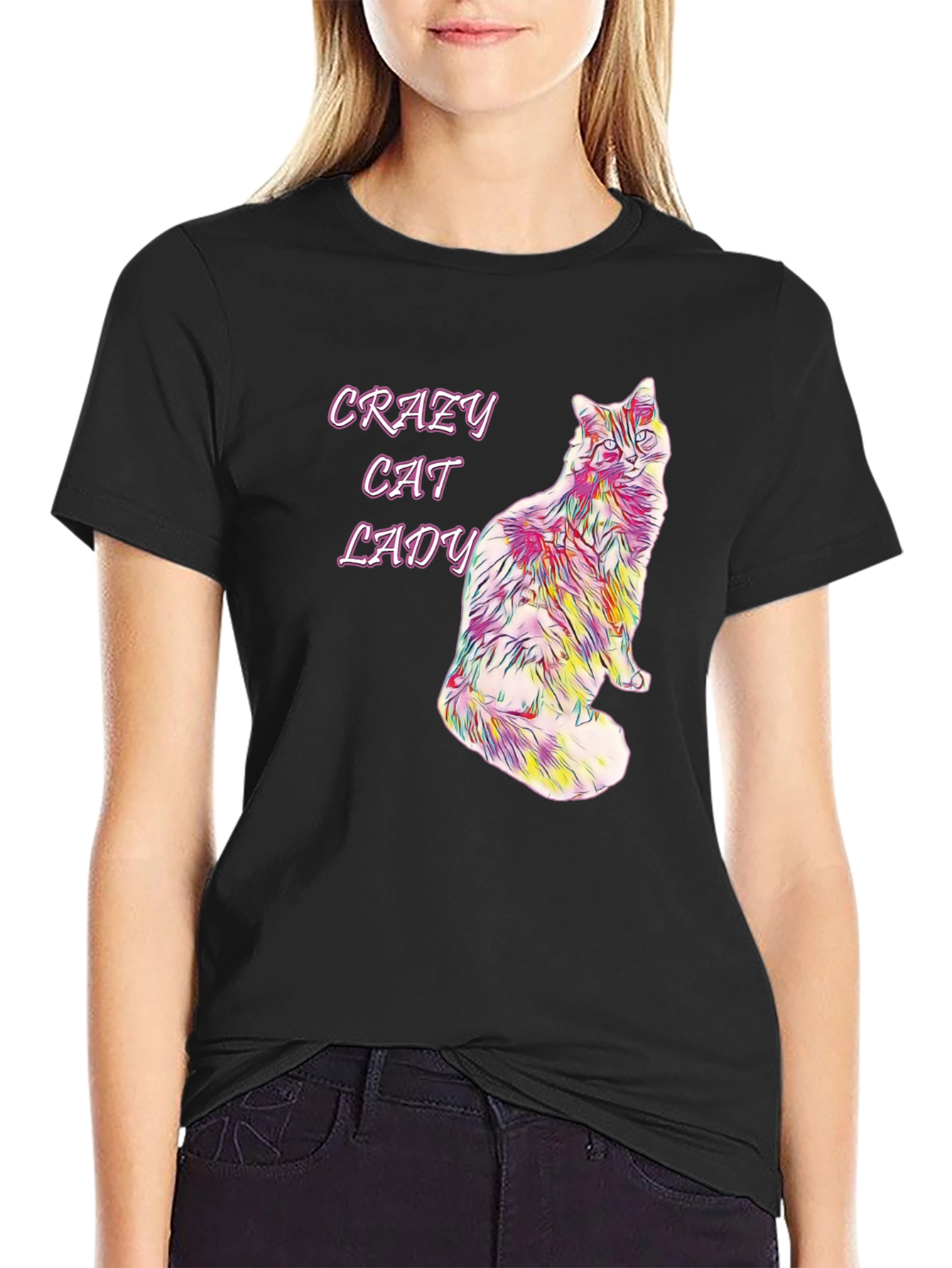Black Crazy Cat Lady Graphic Tee - Fun Novelty Shirt view 2