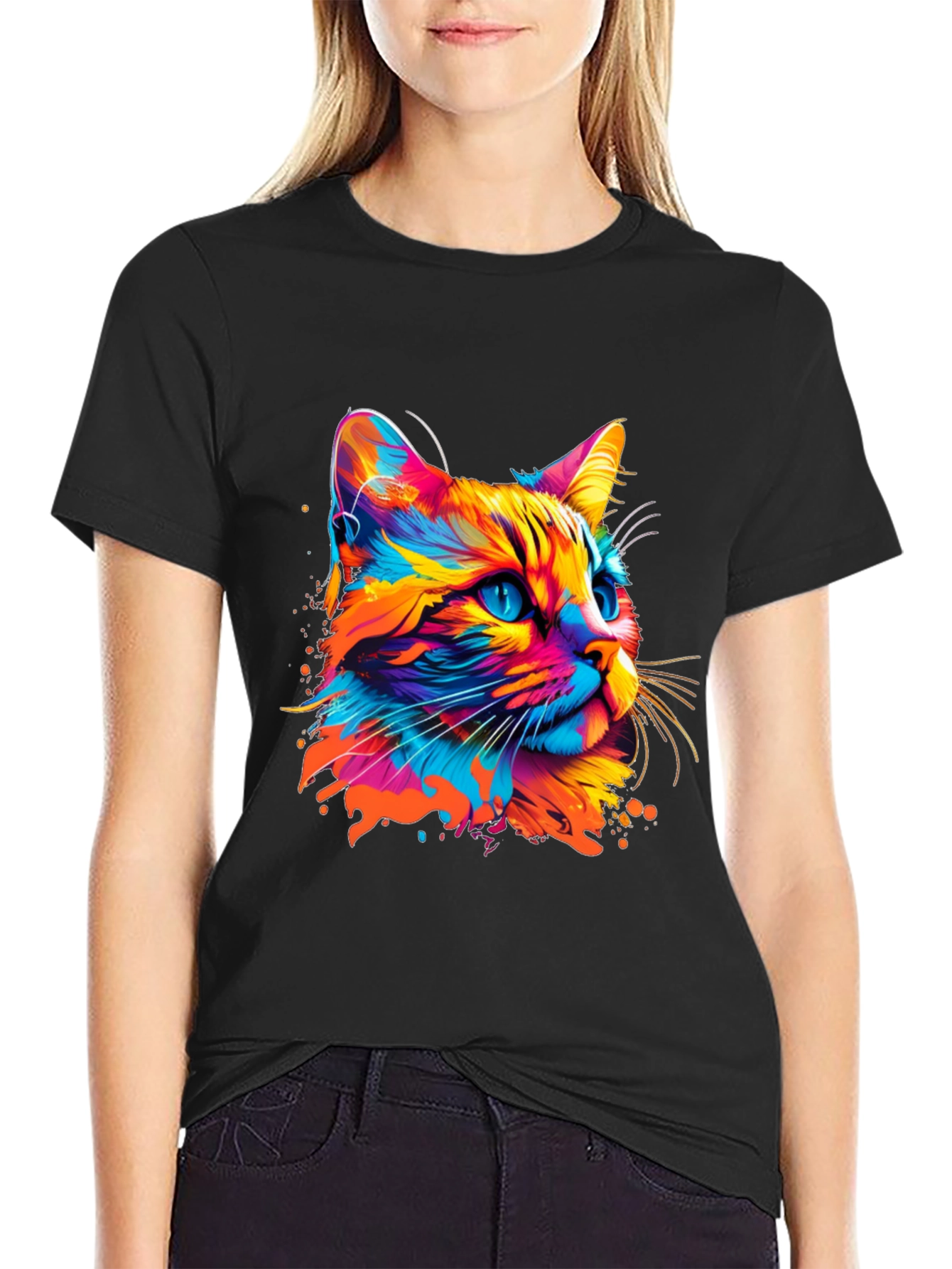 Black Vibrant Cat Graphic Print Black T-Shirt view 2