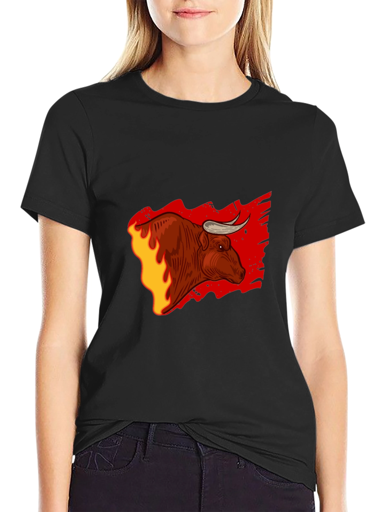 Black Fiery Bull Graphic Tee - Bold Black T-Shirt view 2