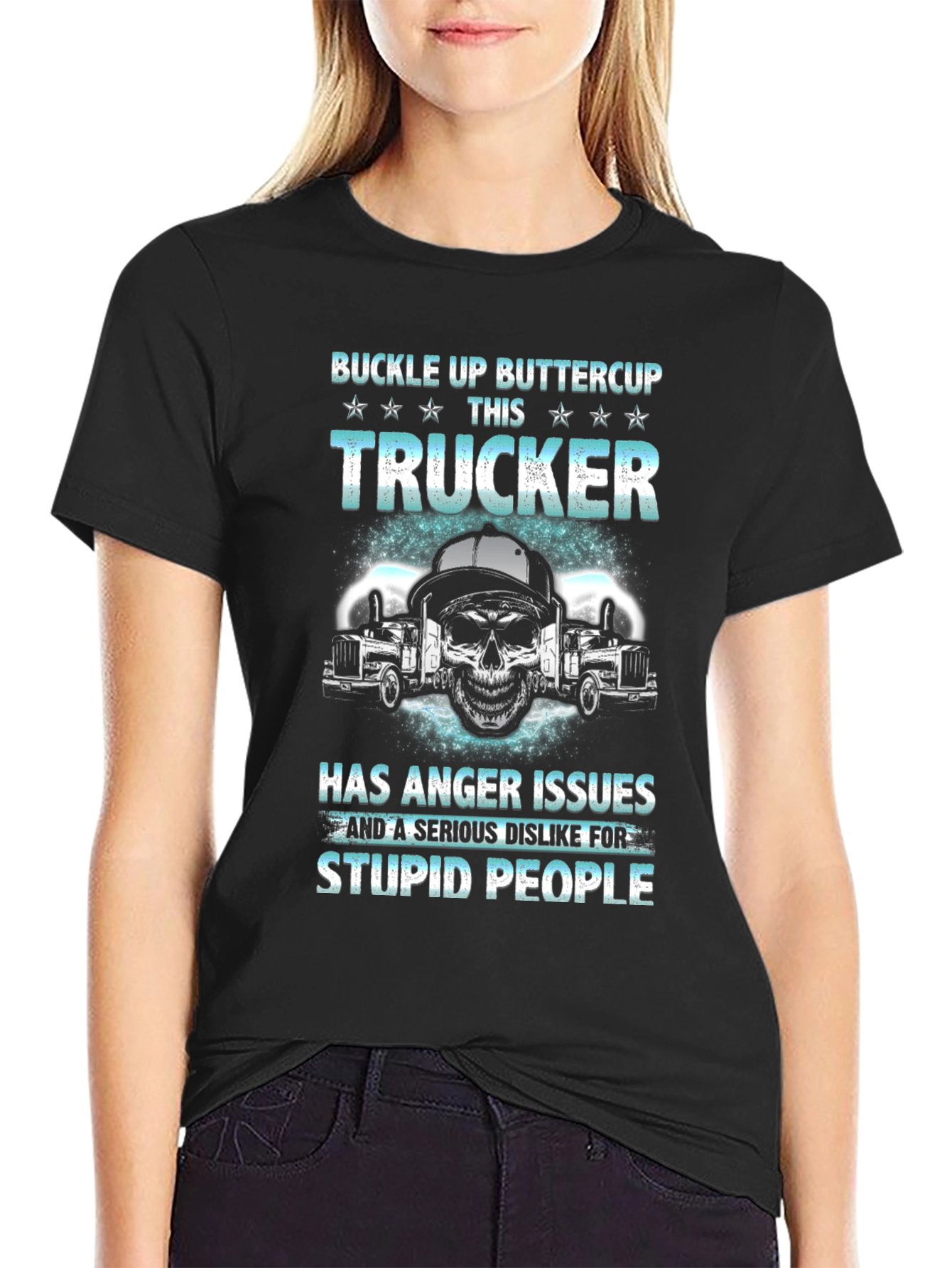 Black Buckle Up Buttercup Trucker Graphic T-Shirt view 2