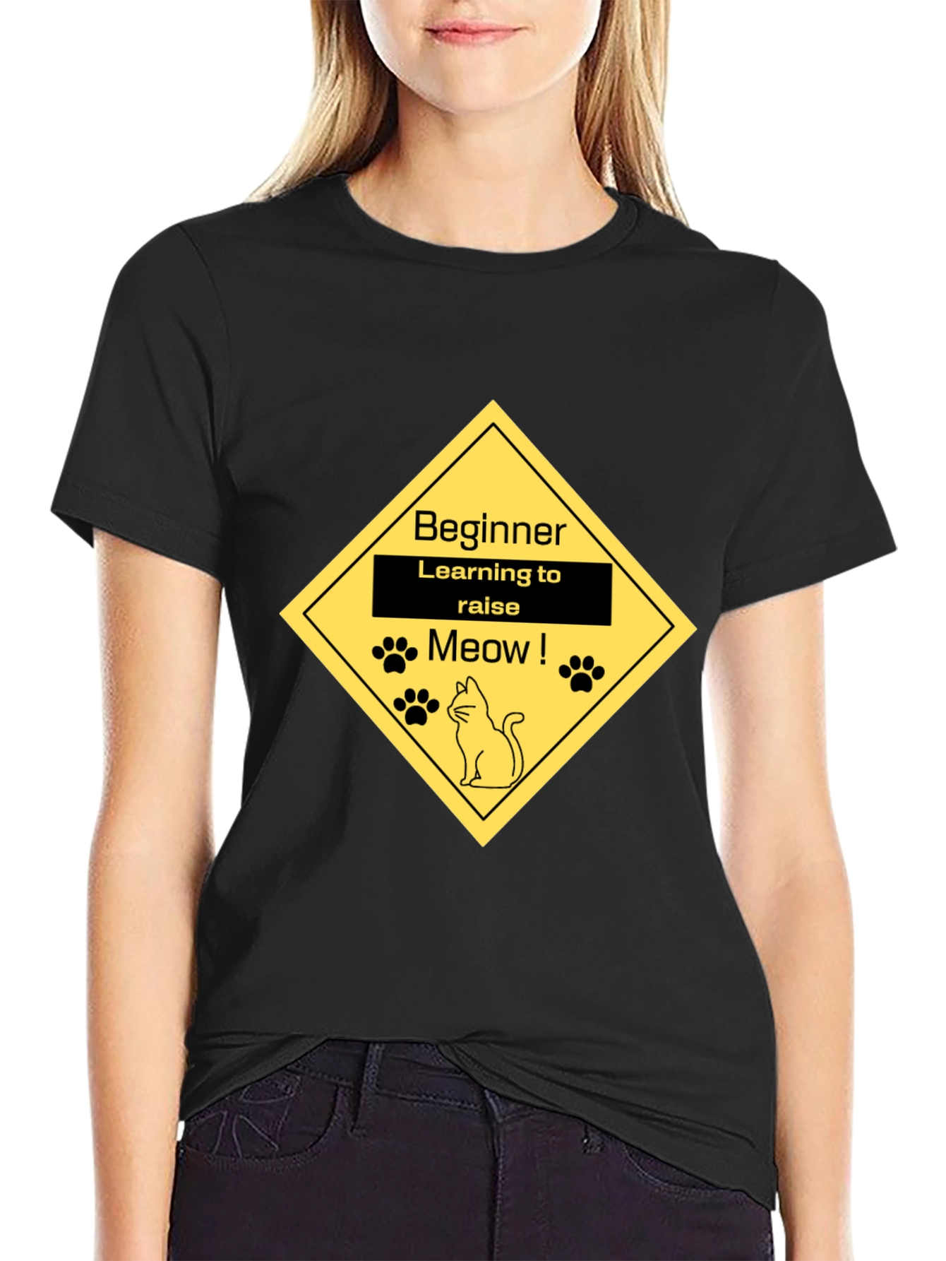 Black Beginner Cat Lover Tee - Learning to Raise Meow T-Shirt view 2