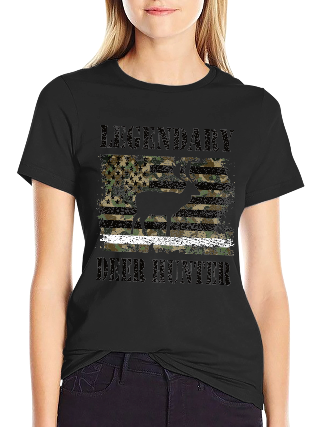 Black Legendary Deer Hunter Camo Flag Graphic Tee view 2