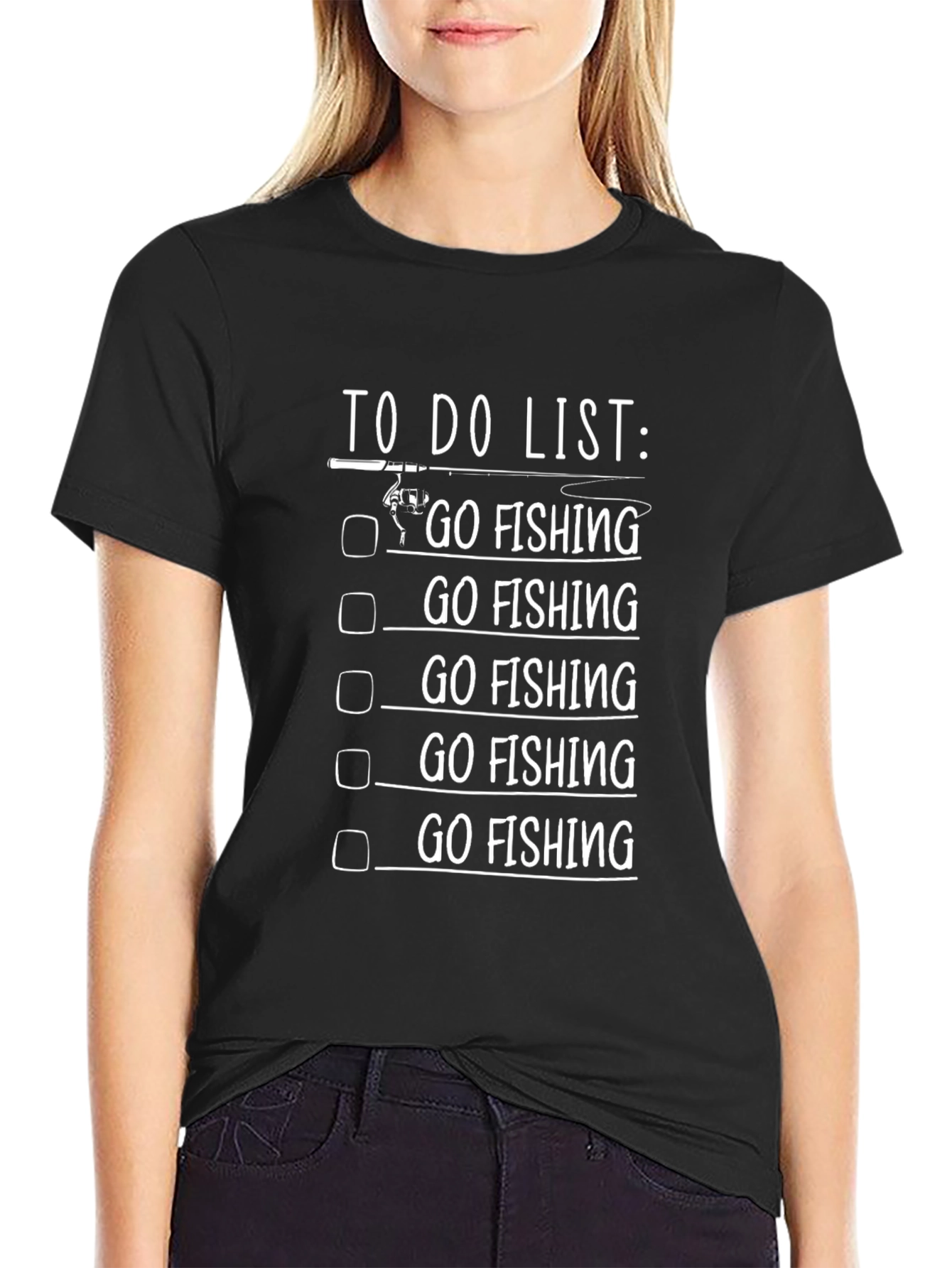Black Go Fishing T-Shirt - Funny Fisherman To Do List Tee view 2