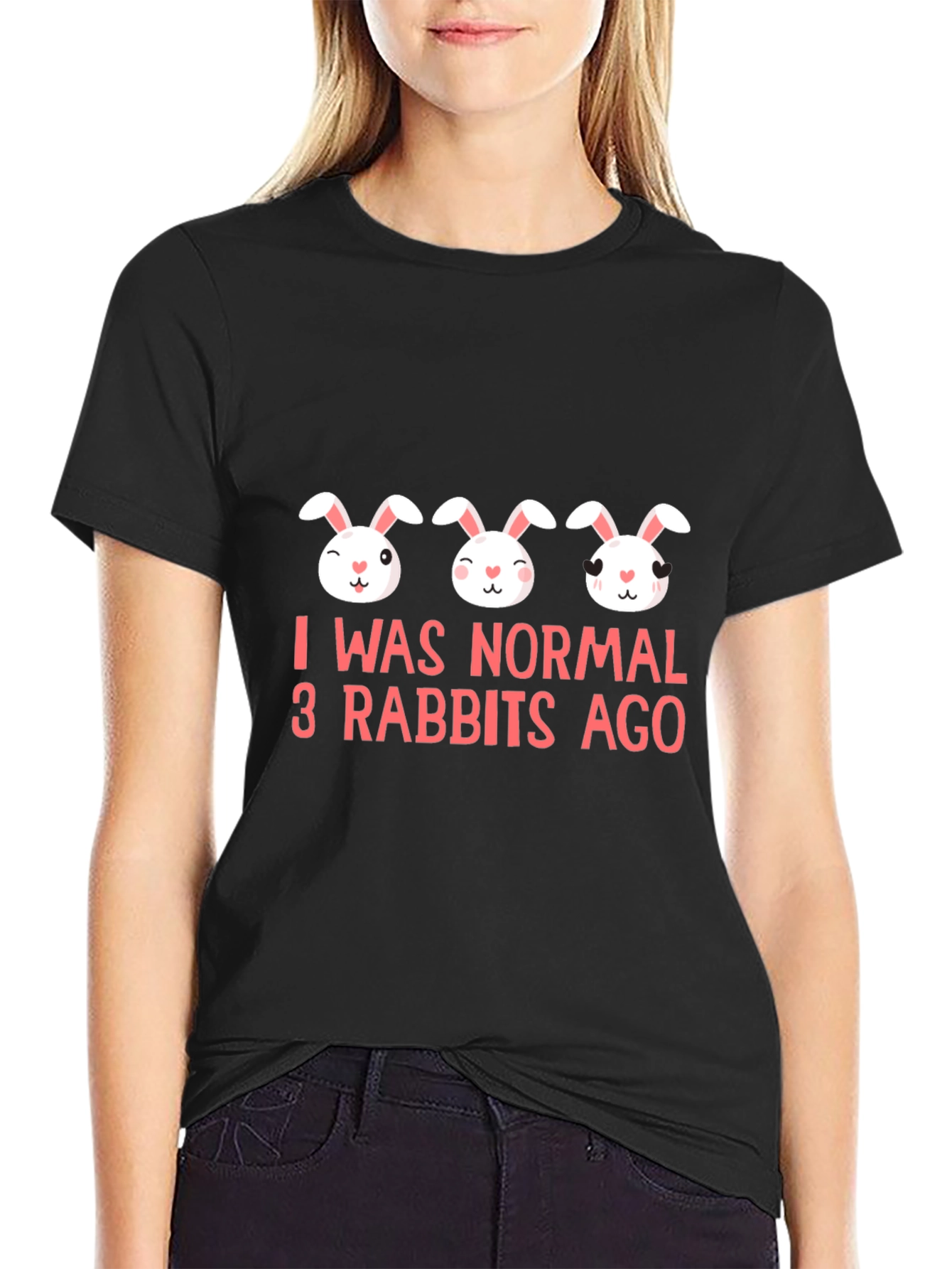 Black Funny Rabbit Graphic Print Black T-Shirt view 2