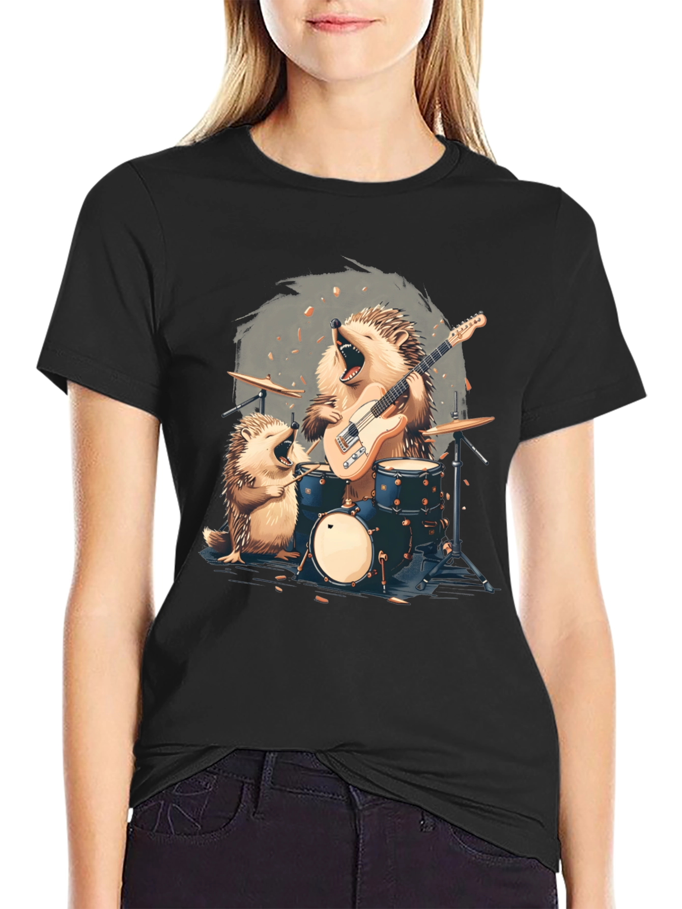 Black Hedgehog Band T-Shirt - Musician Hedgehog Tee view 2
