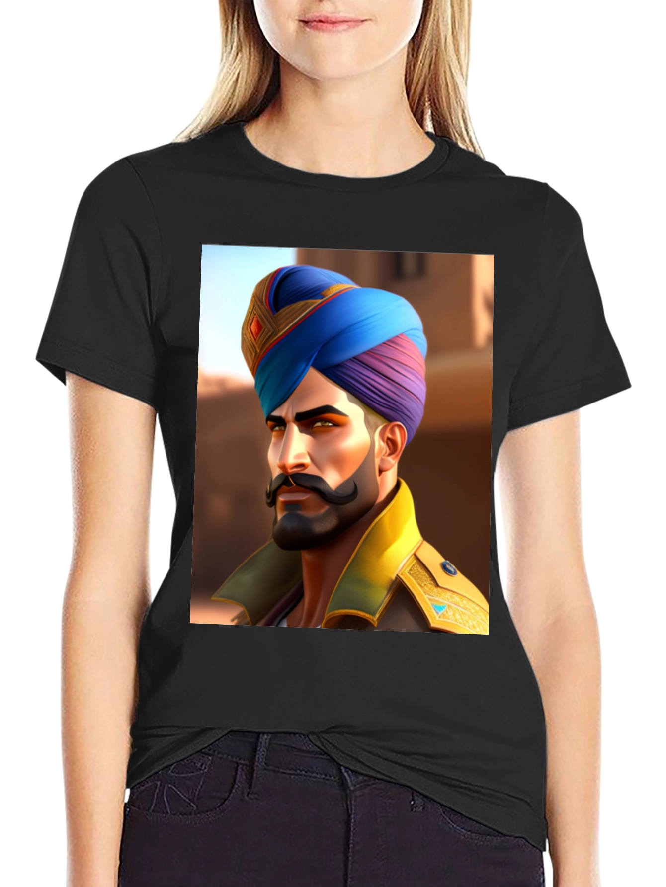 Black Graphic Tee: Sikh Warrior Portrait view 2