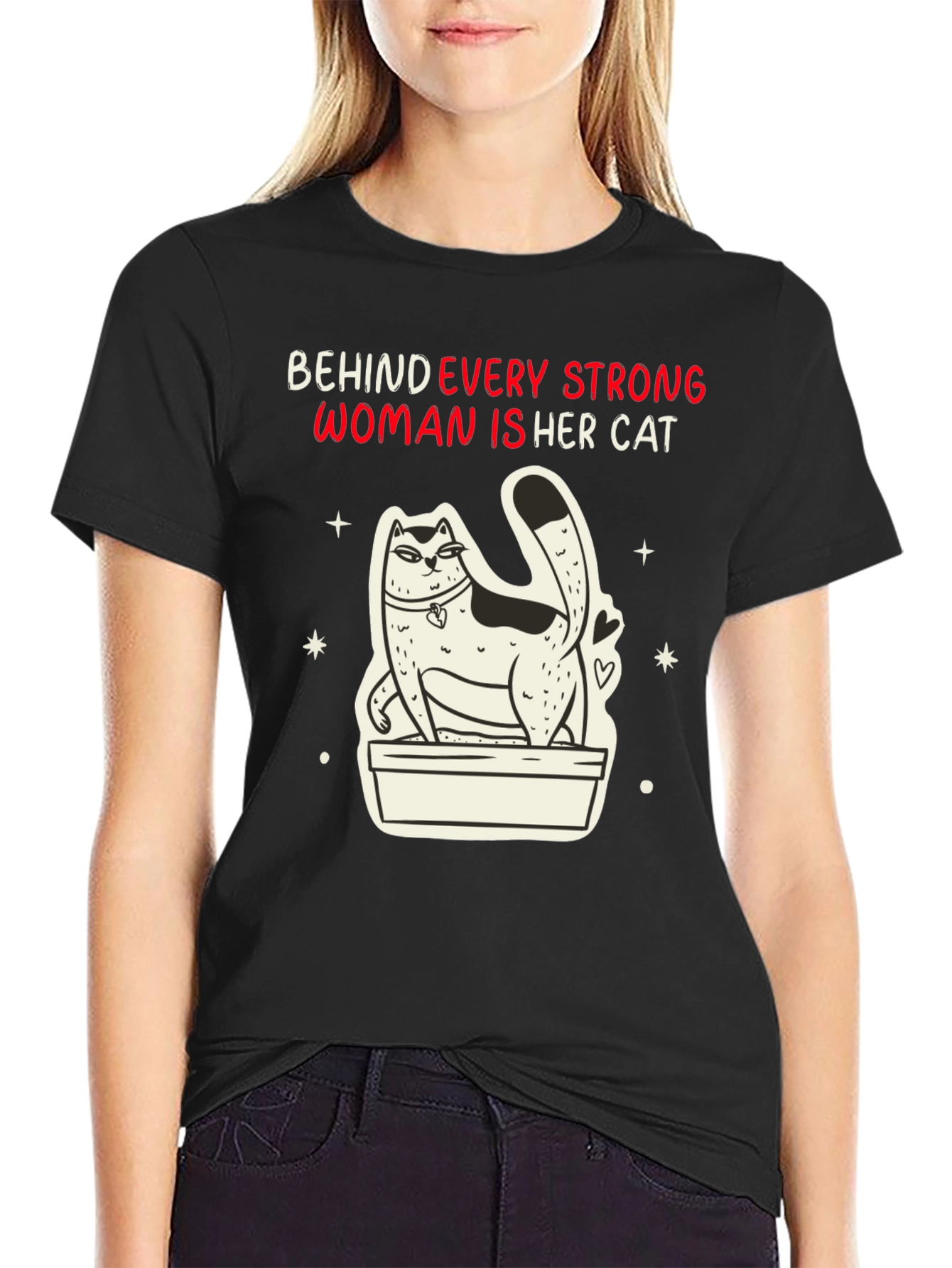 Black Strong Woman Cat T-Shirt view 2