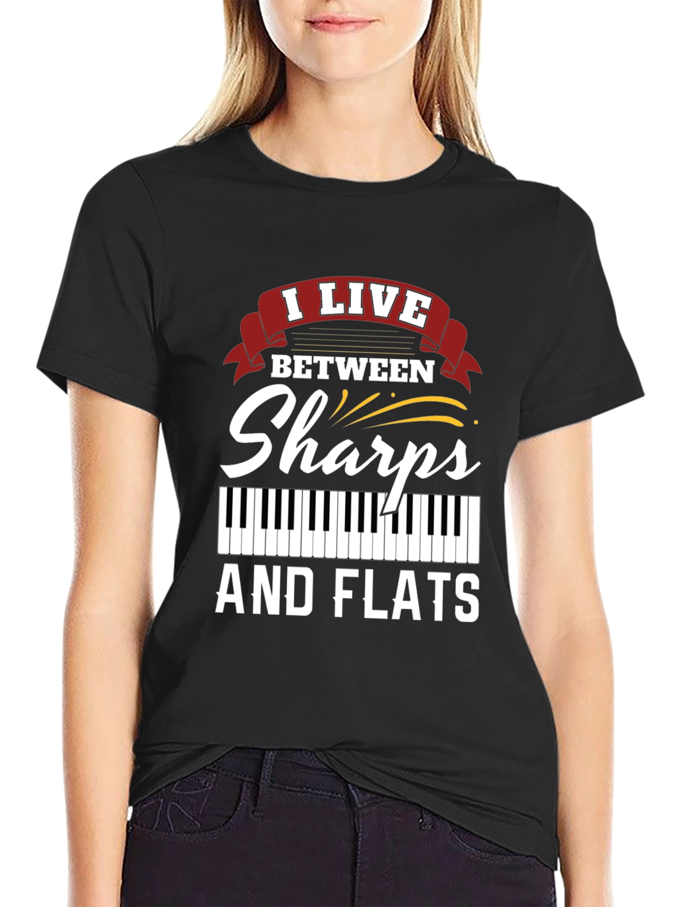 Black I Live Between Sharps and Flats Musician T-Shirt view 2
