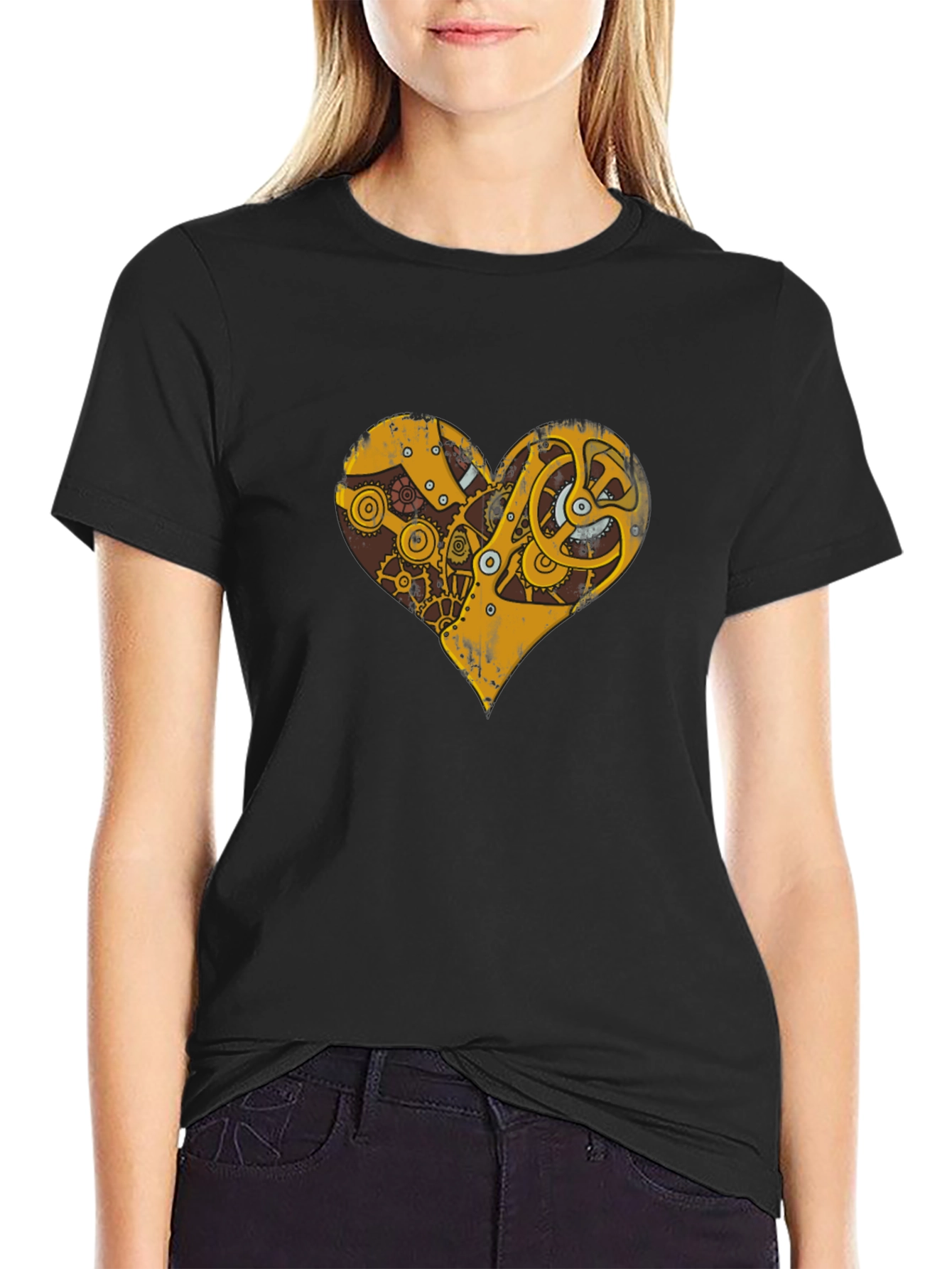 Black Steampunk Heart Gear Graphic T-Shirt view 2