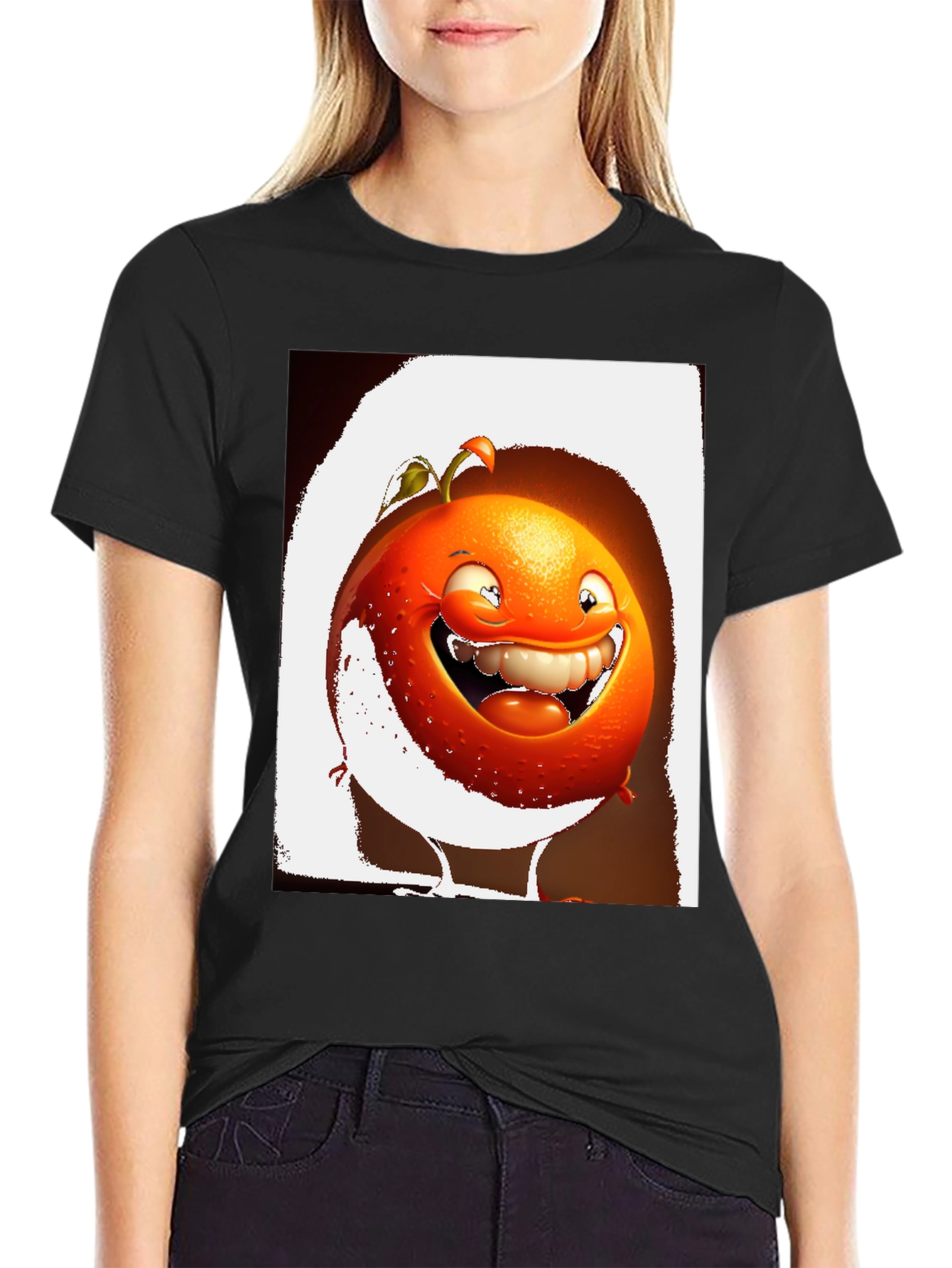 Black Funny Orange Cartoon Graphic Black T-Shirt view 2