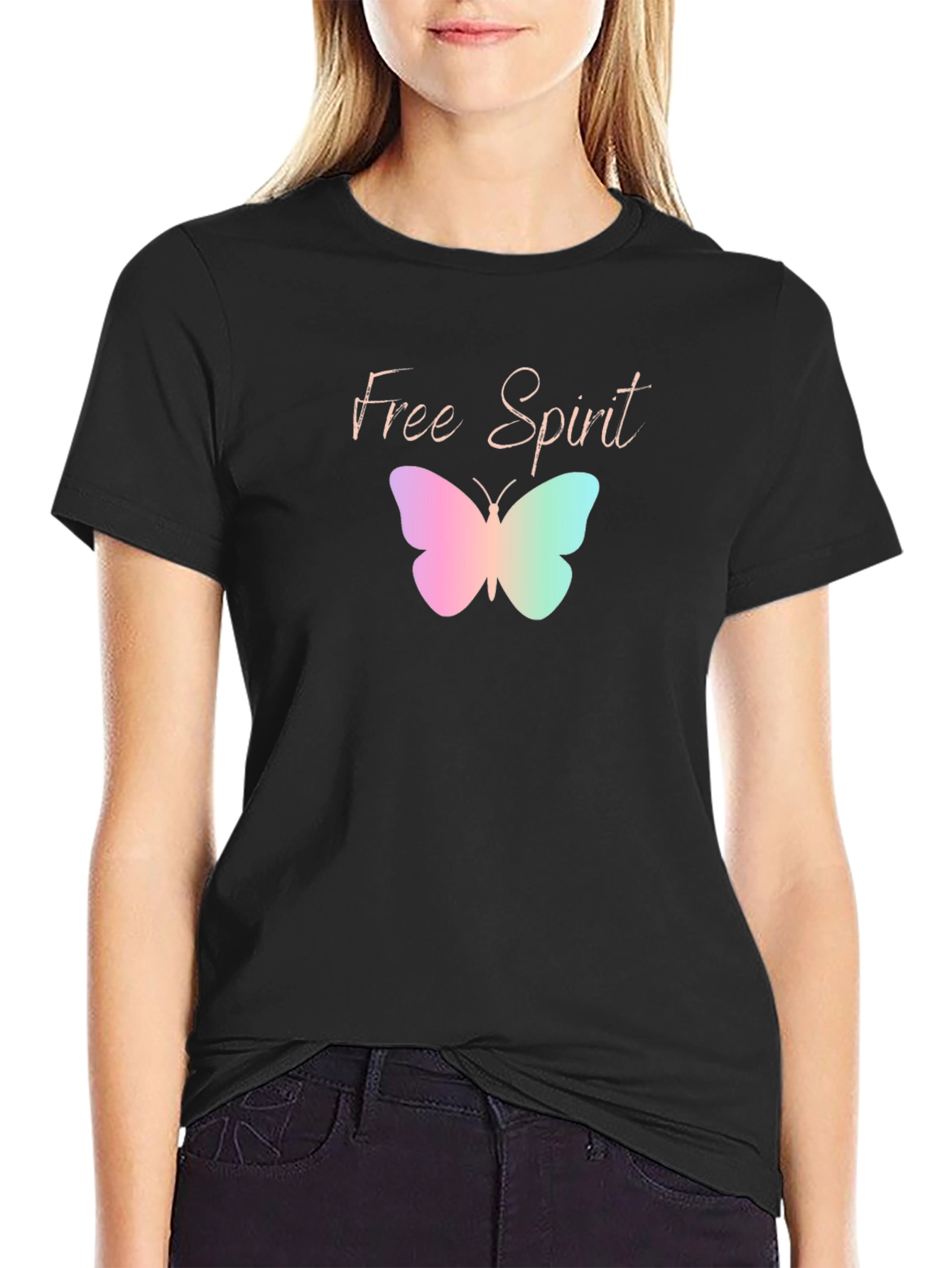 Black Free Spirit Butterfly Graphic Black T-Shirt view 2