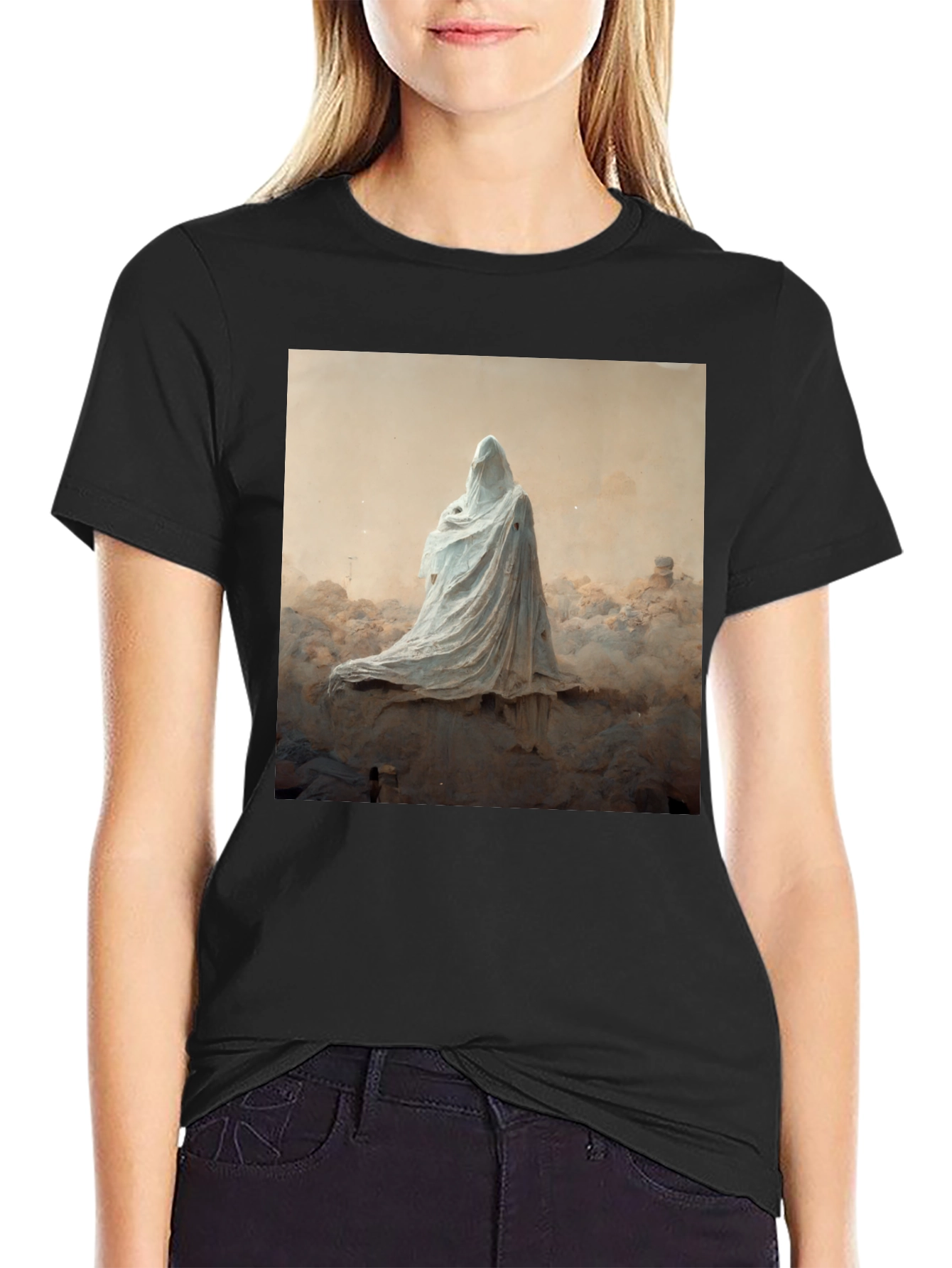 Black Ghostly Figure Graphic Black T-Shirt view 2