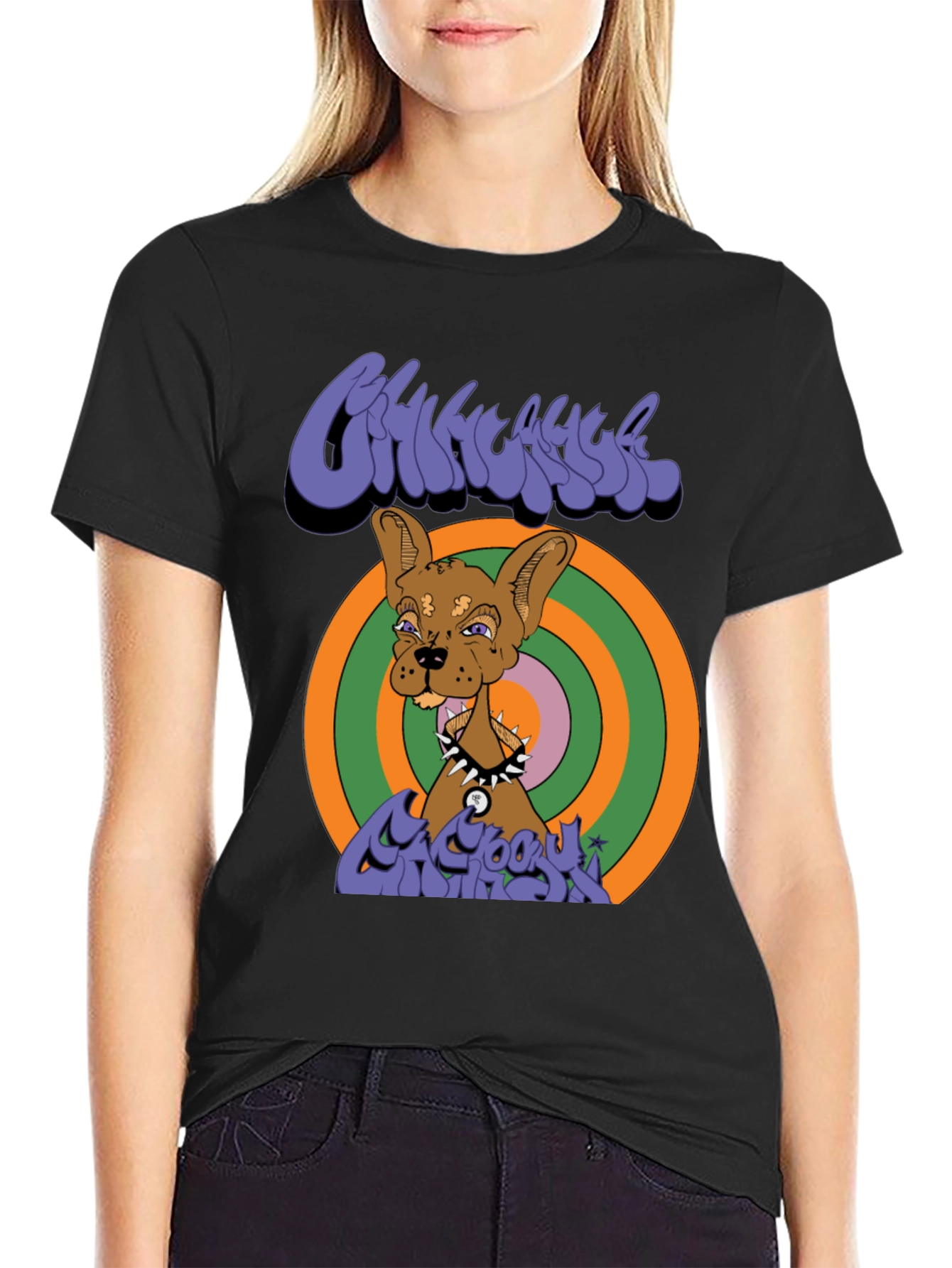 Black Groovy Cartoon Dog Graphic T-Shirt view 2