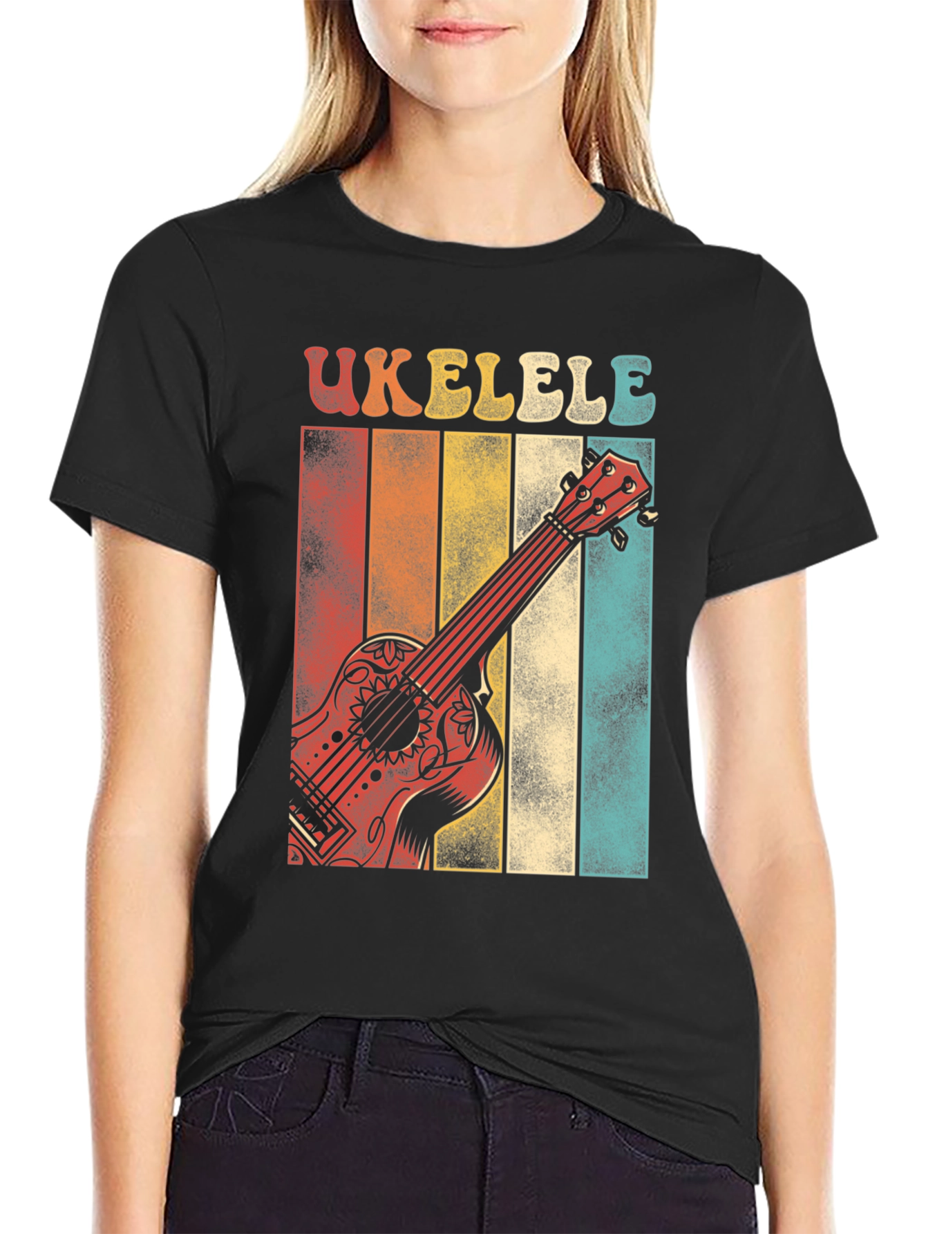 Black Retro Ukulele T-Shirt - Vintage Style Music Tee view 2