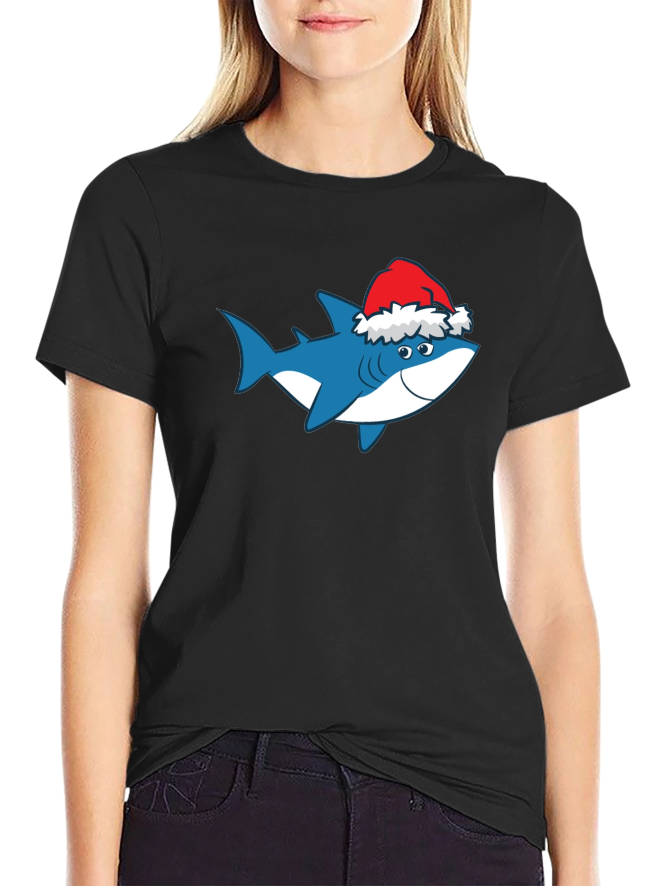 Black Shark Christmas T-Shirt Holiday Tee Santa Hat view 2