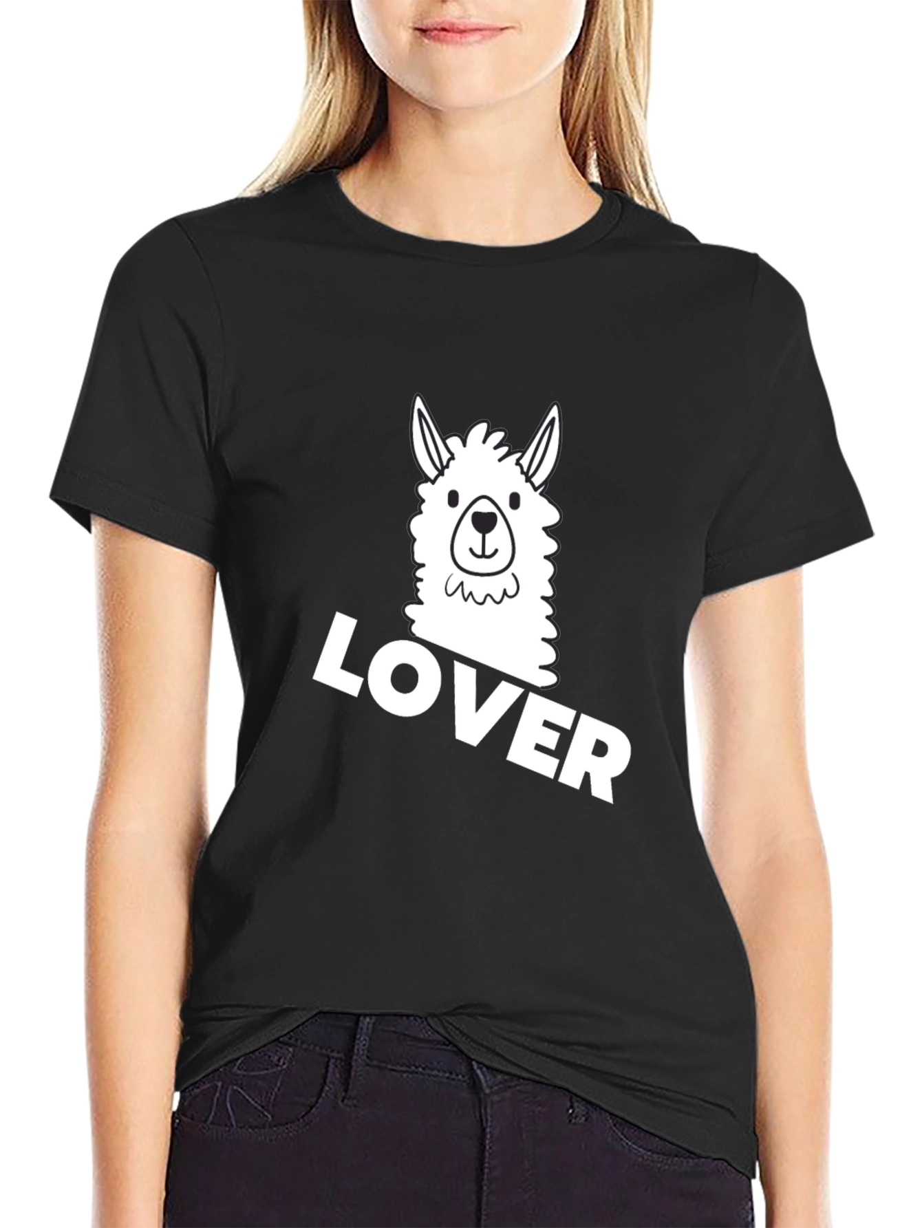 Black Llama Lover Graphic Tee - Black Cotton T-Shirt view 2