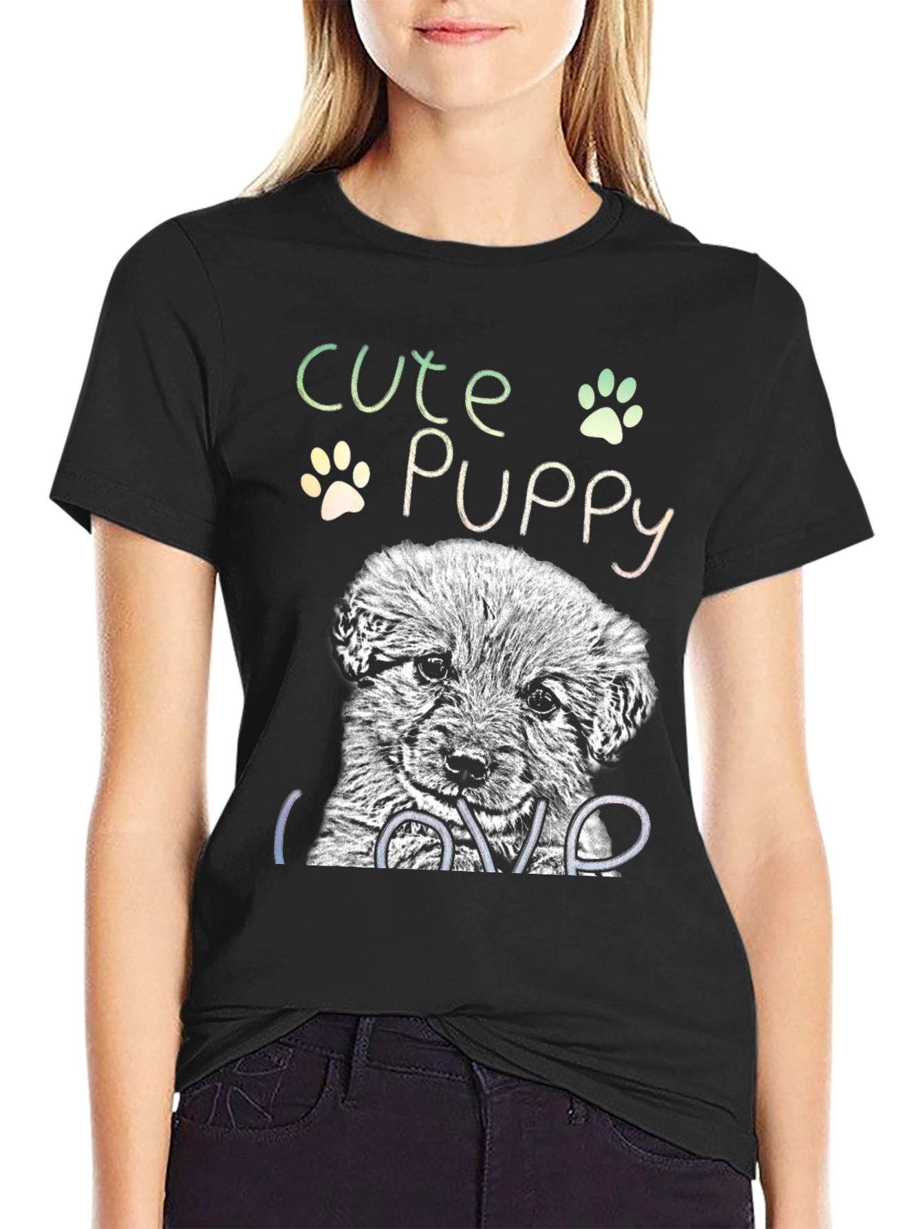Black Cute Puppy Graphic T-Shirt - Dog Lover Tee view 2