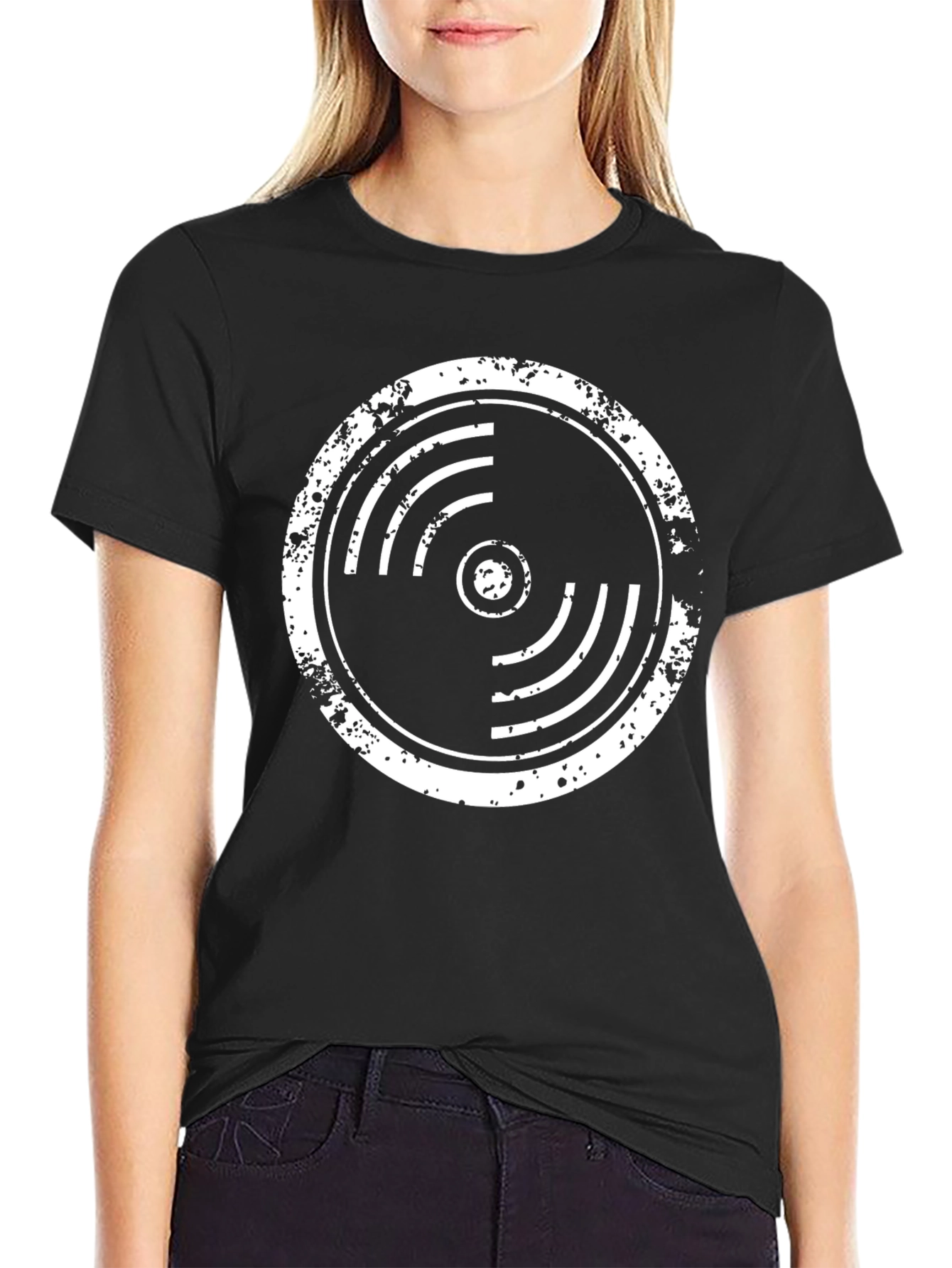 Black Distressed Vinyl Record Graphic T-Shirt view 2