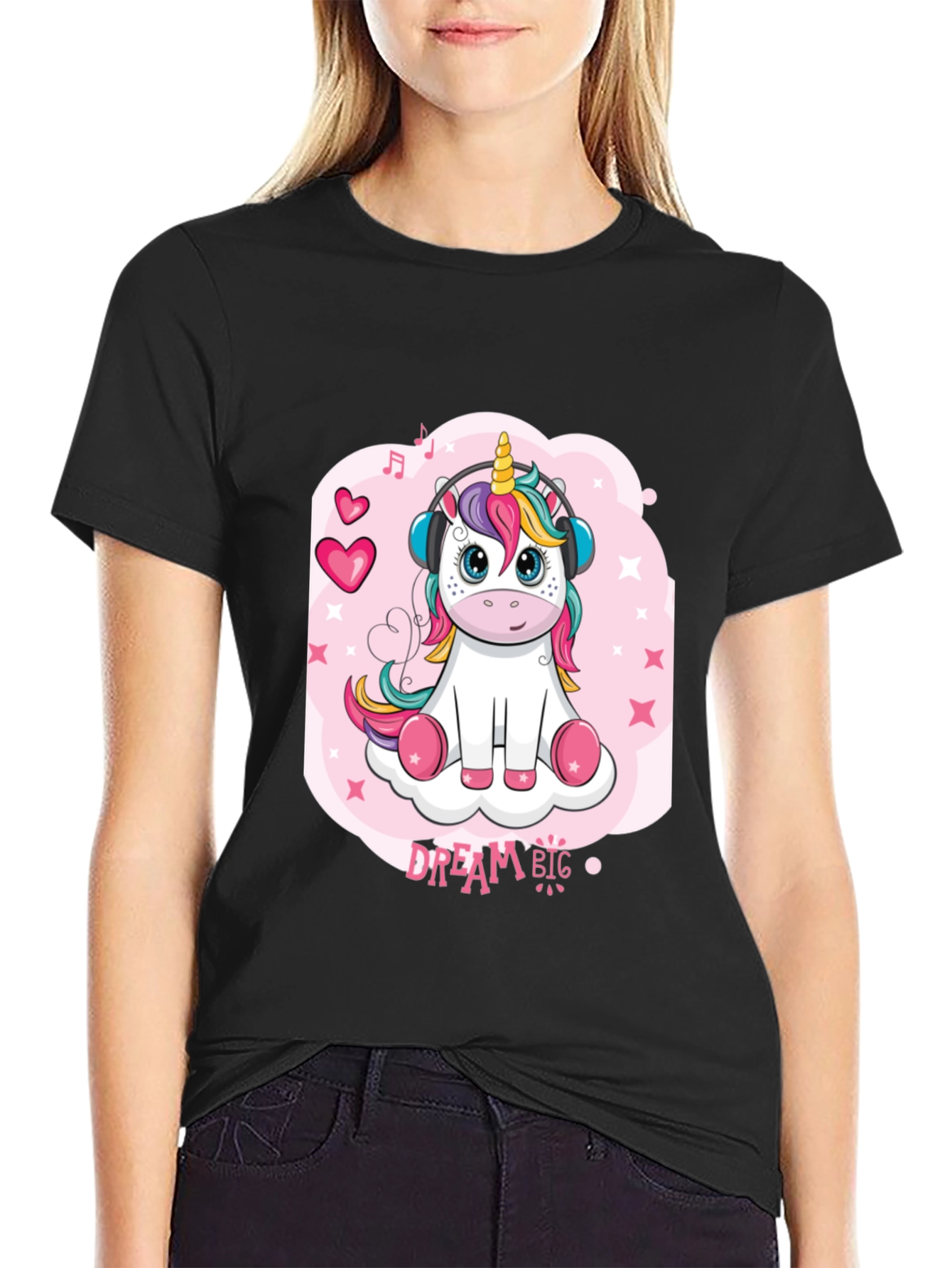 Black Cute Unicorn 'Dream Big' Black T-Shirt view 2