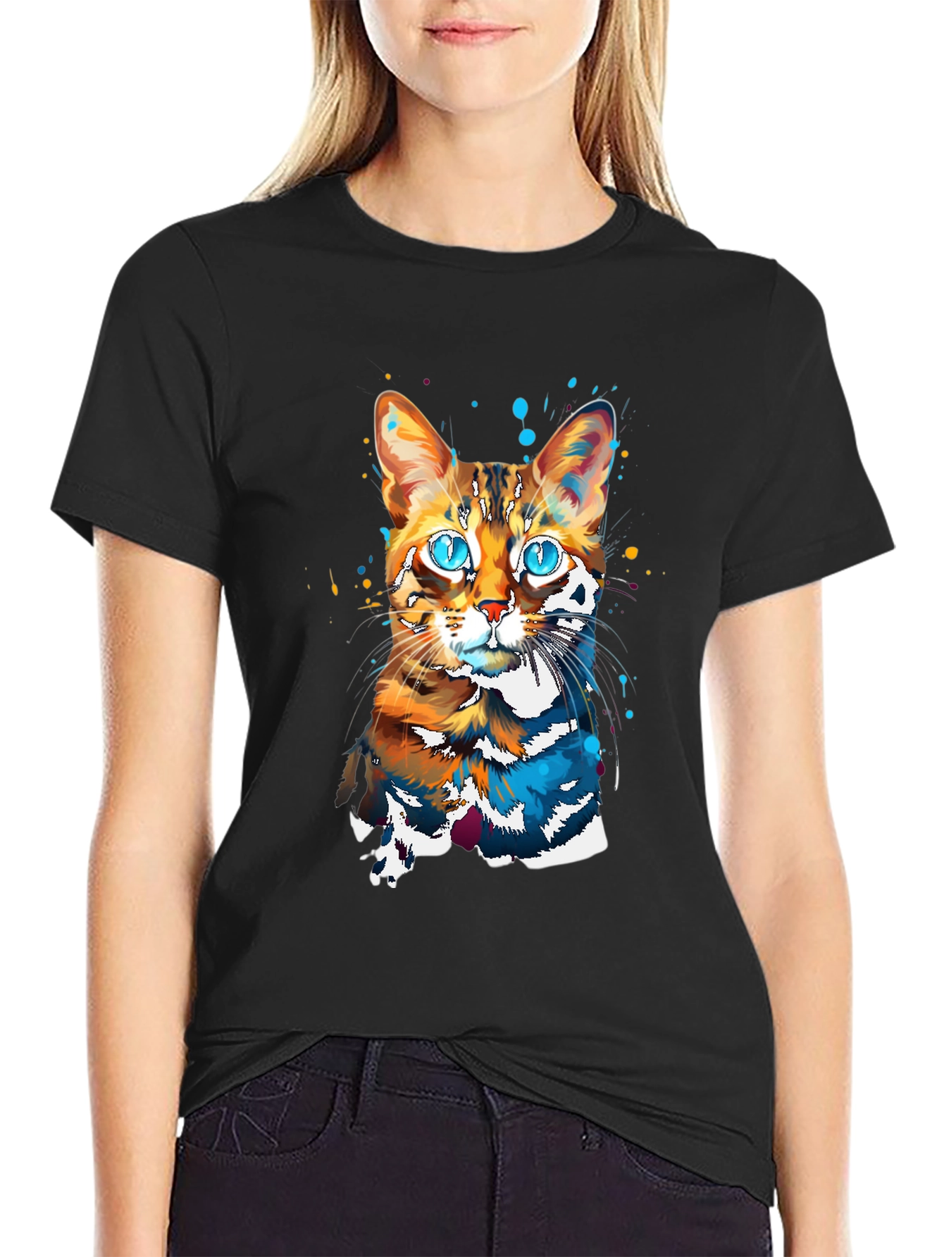 Black Vivid Cat Art Graphic Tee - Stylish & Unique Design view 2