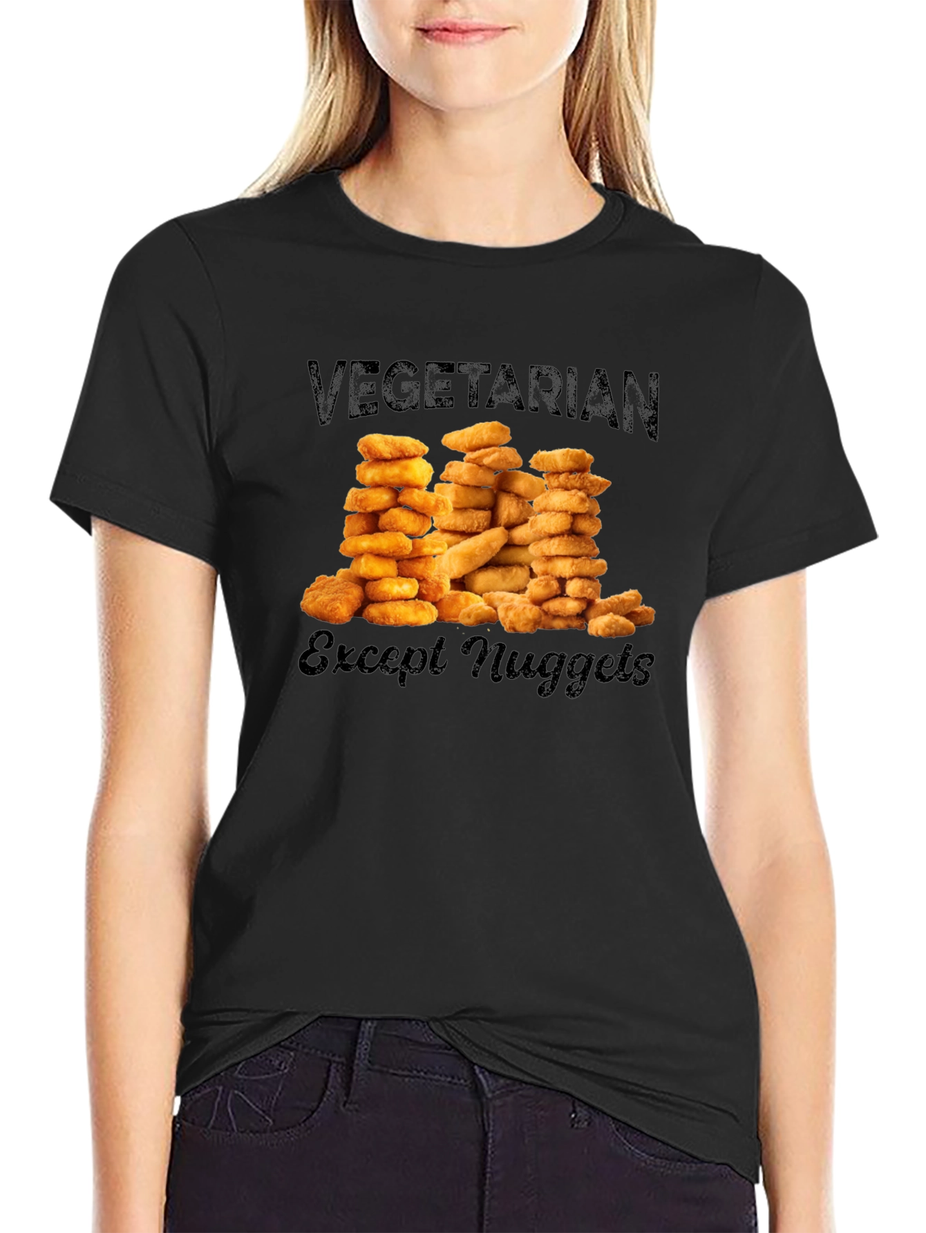 Black Vegetarian Except Nuggets Graphic T-Shirt view 2