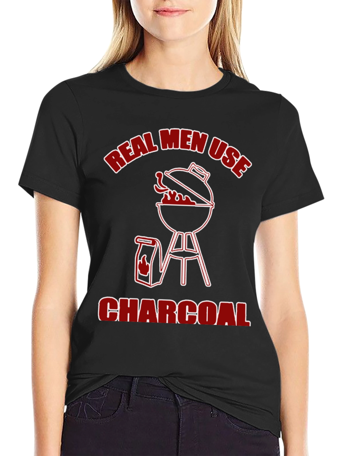 Black Real Men Use Charcoal T-Shirt - BBQ Grill Design view 2