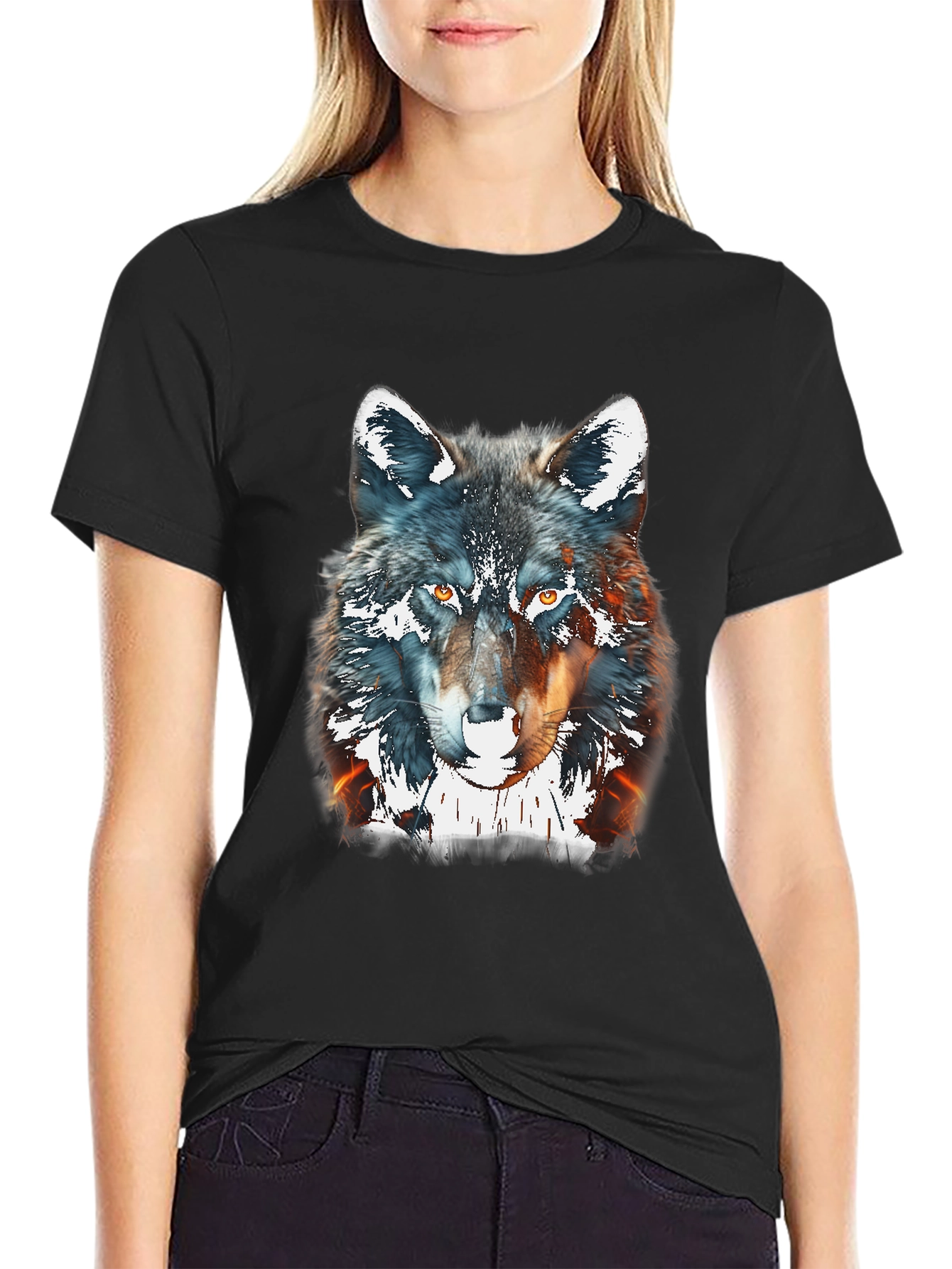 Black Wolf Graphic Print Tee - Black Cotton Blend view 2