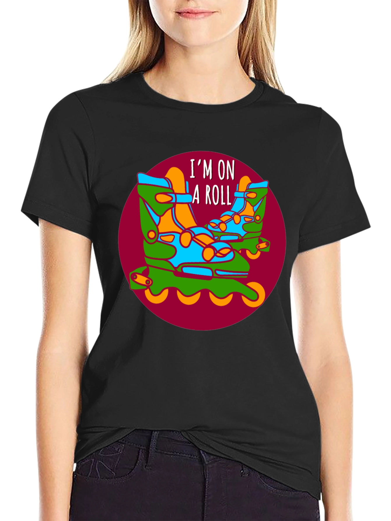 Black I'm on a Roll Roller Skate Graphic T-Shirt view 2