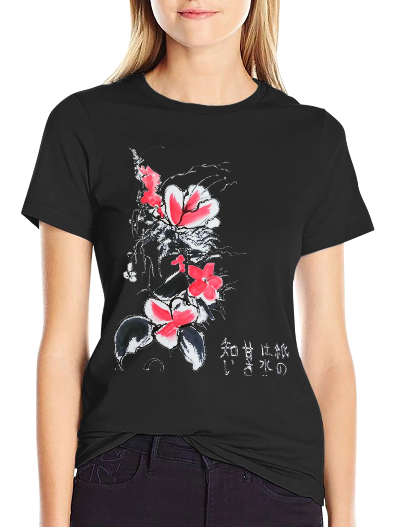 Black Floral Print Black T-Shirt with Japanese Text view 2