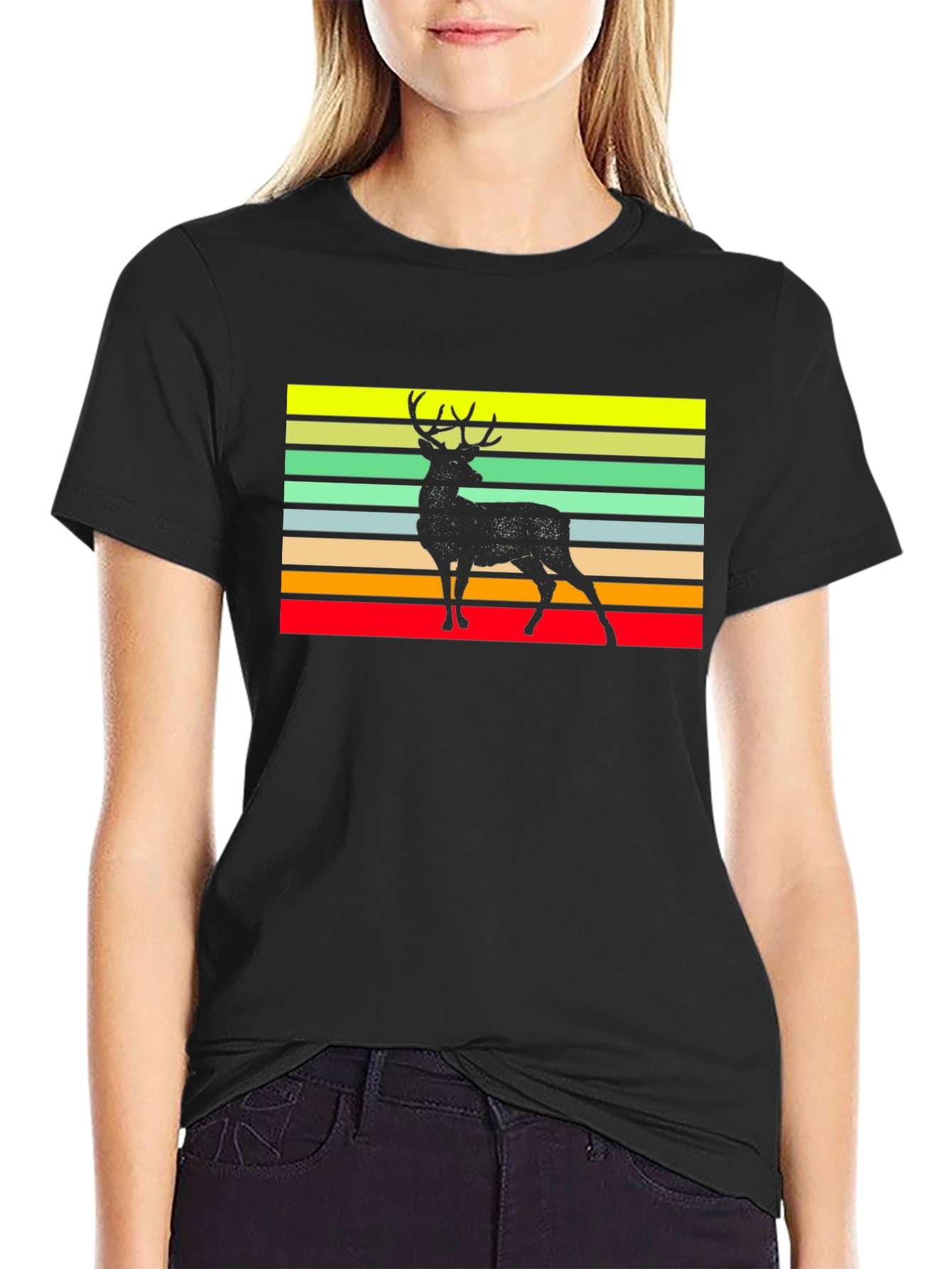 Black Retro Deer Graphic Tee - Black Casual Shirt view 2