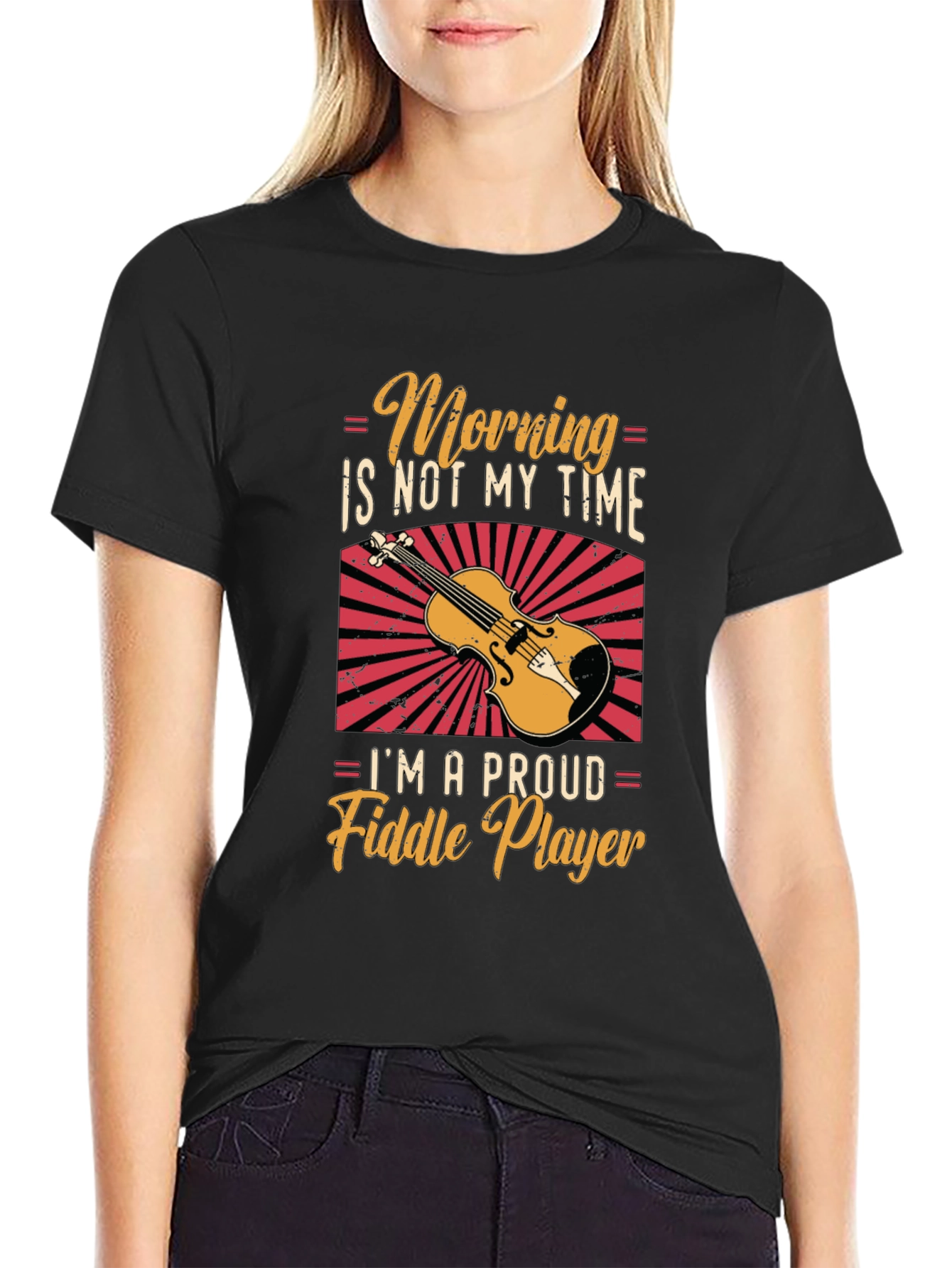 Black Funny Fiddle Player T-Shirt - Morning Not My Time view 2