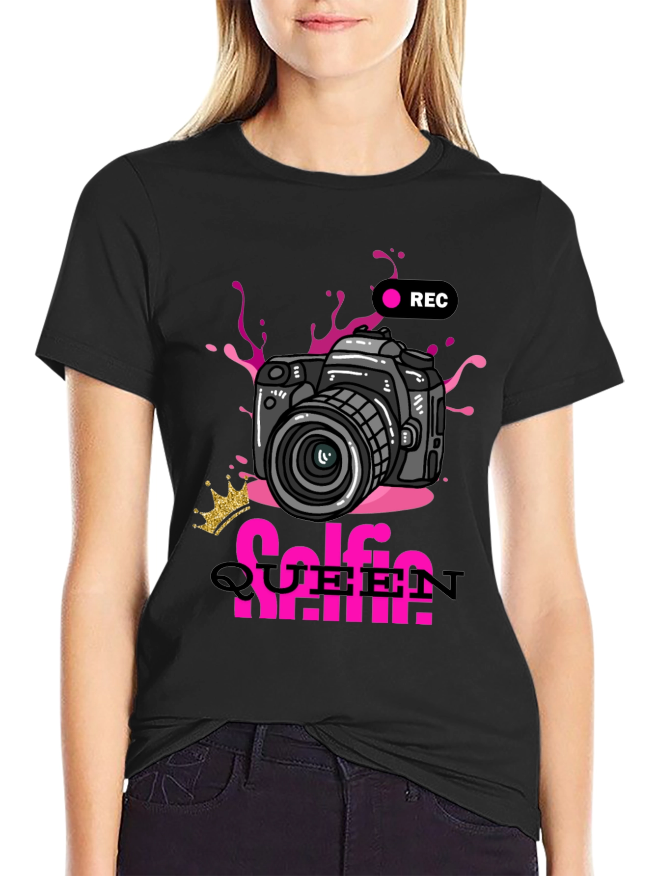 Black Selfie Queen Graphic T-Shirt - Camera Design view 2
