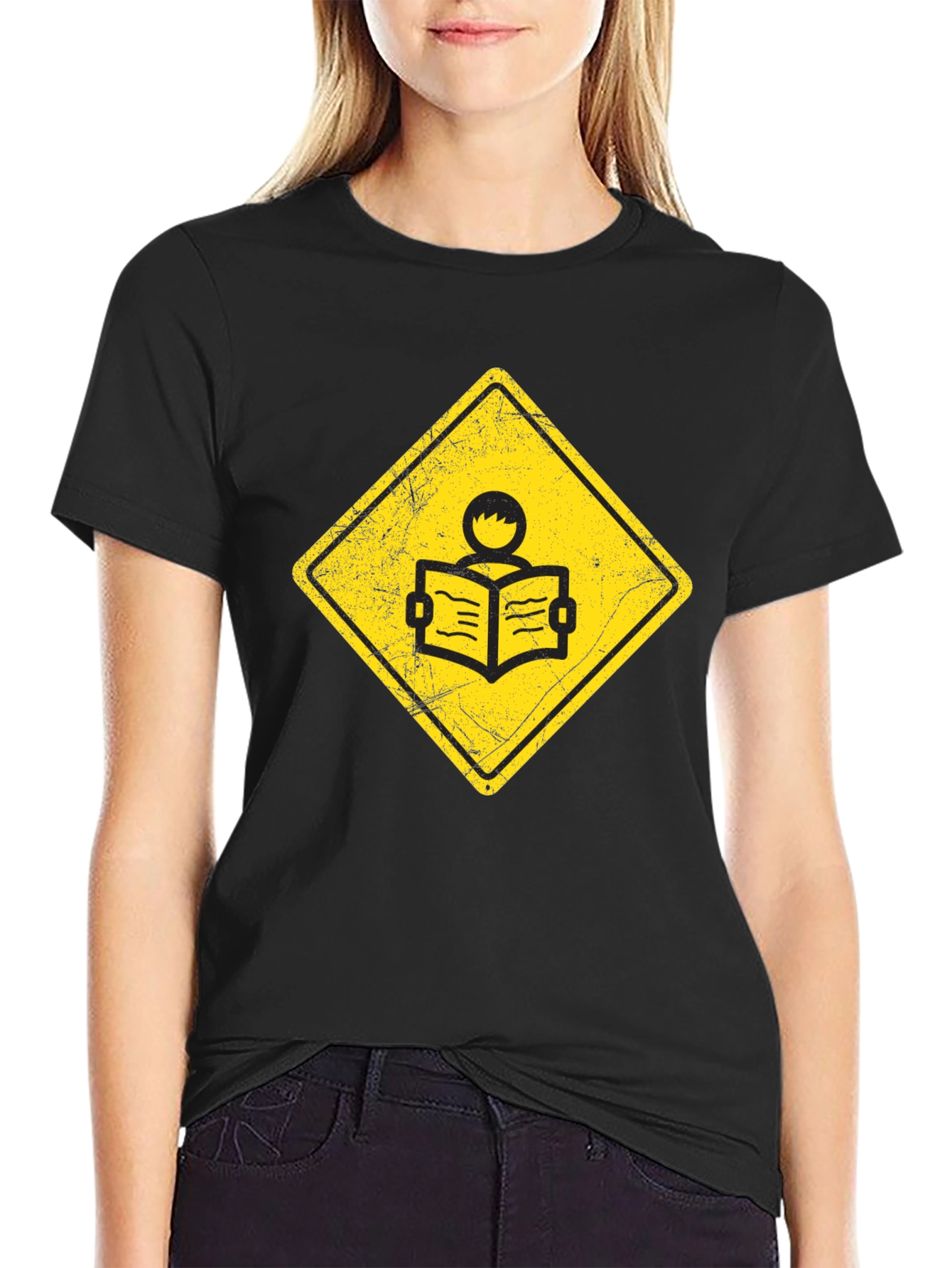 Black Caution Reader T-Shirt - Black Cotton Tee view 2