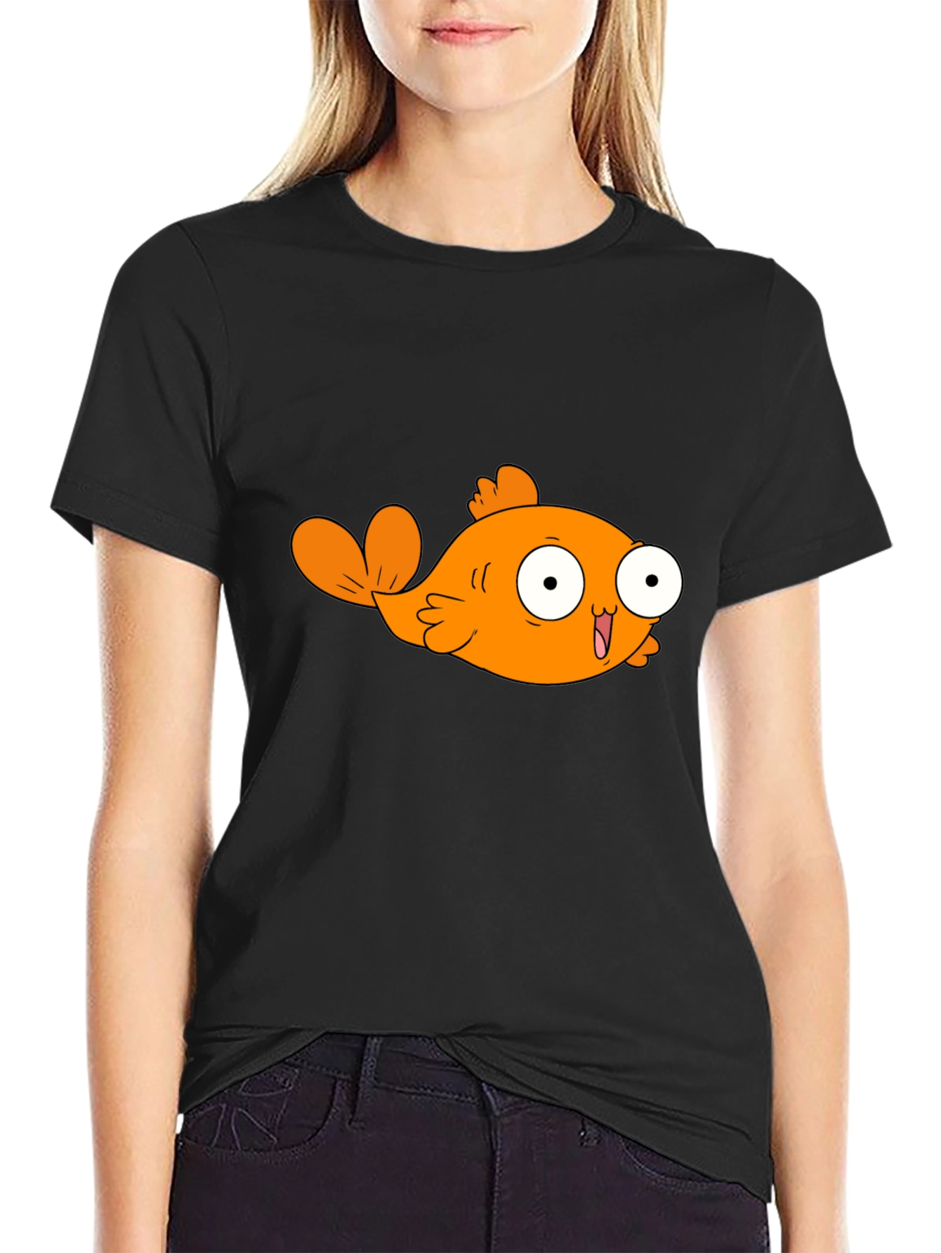 Black Cartoon Orange Fish Graphic T-Shirt view 2