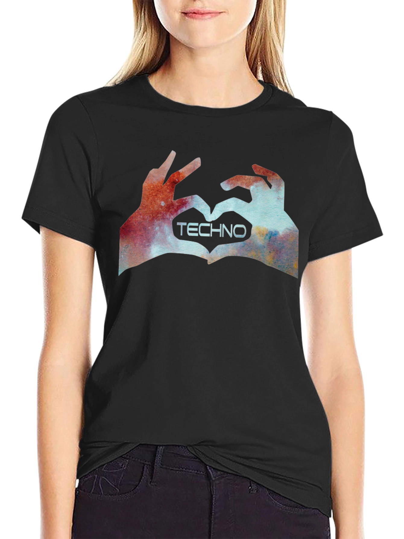 Black Techno Love Hands Graphic Tee - Black view 2