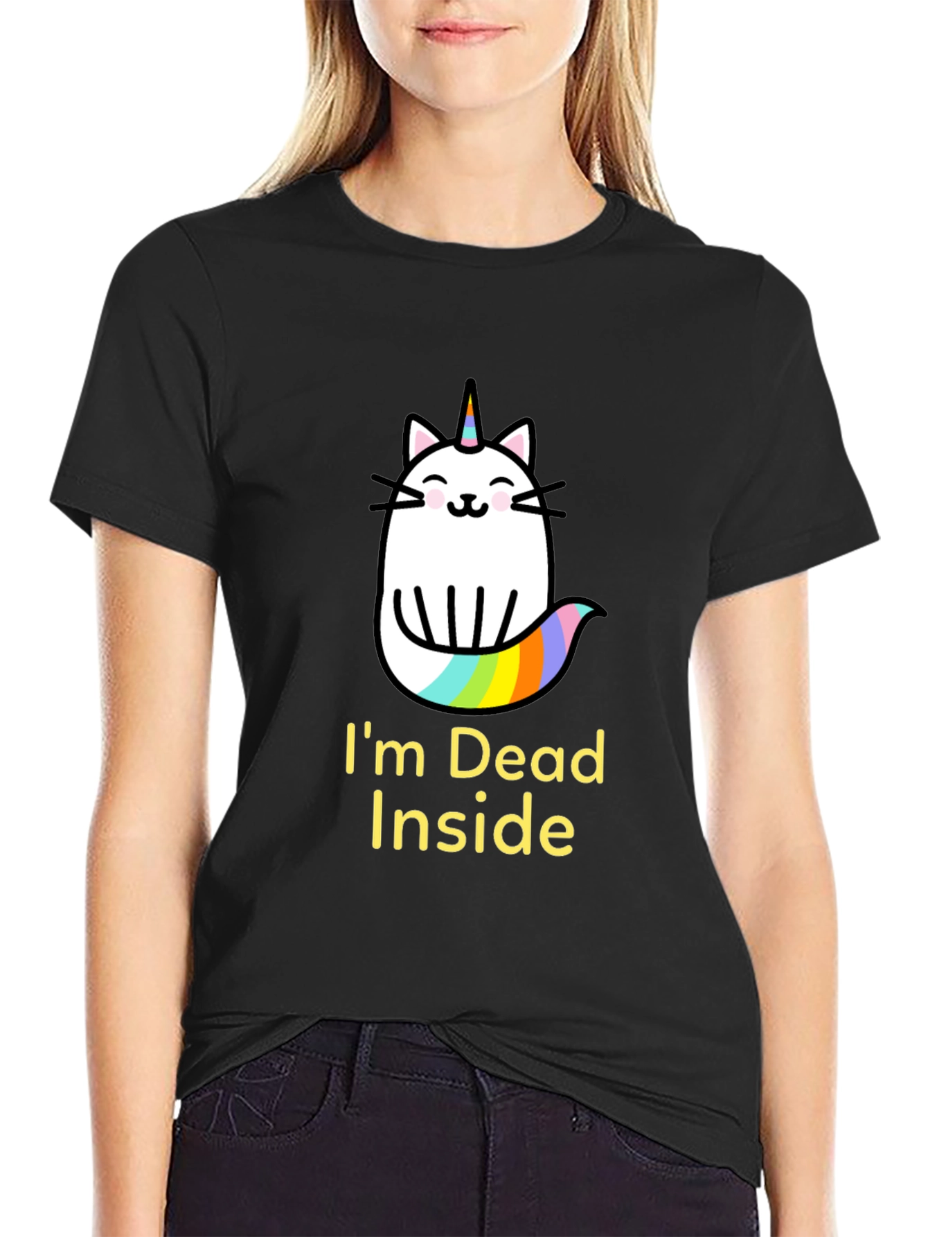 Black Dead Inside Unicorn Cat Graphic Tee view 2