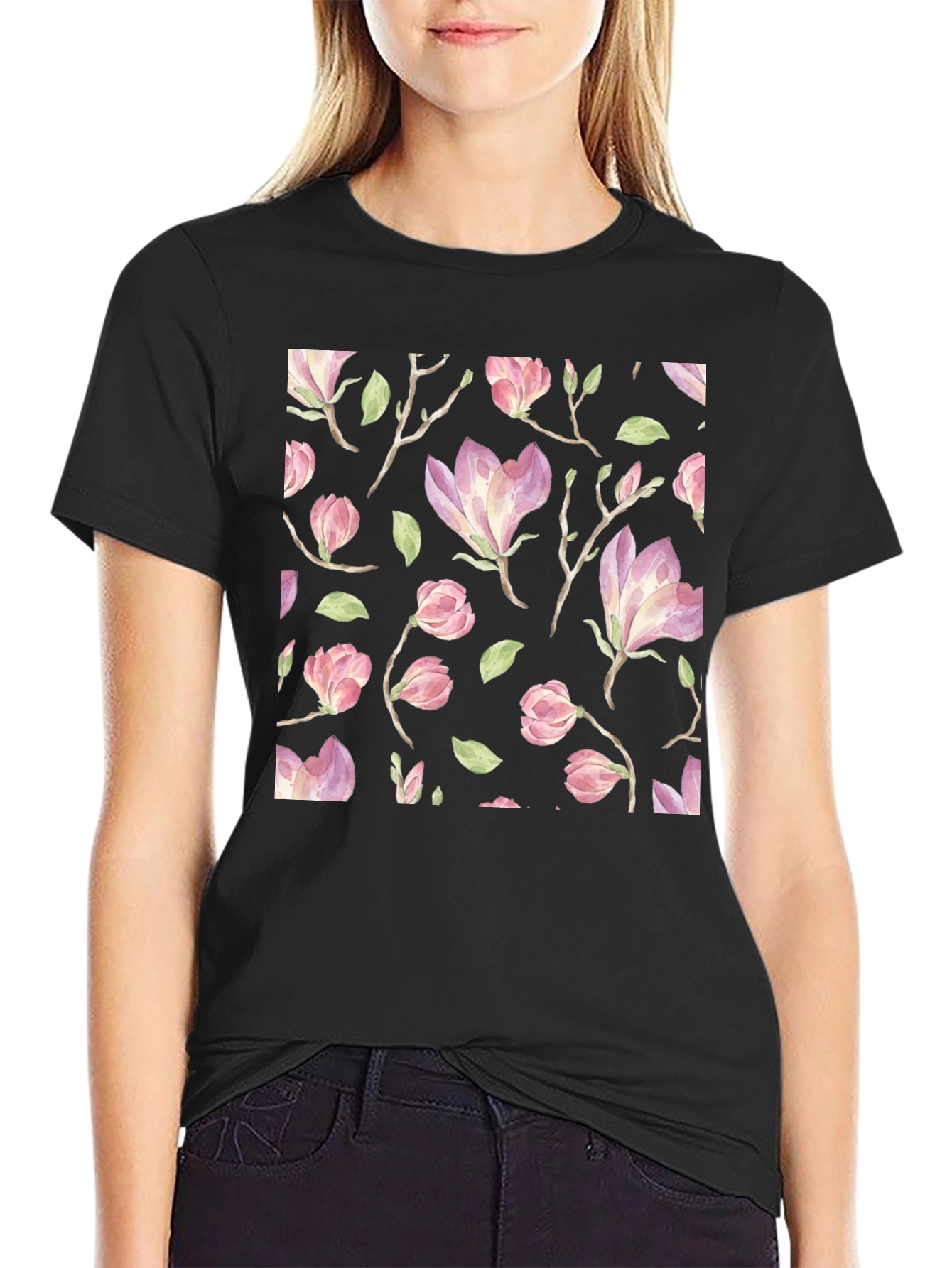 Black Floral Print T-Shirt - Black Cotton Blend view 2