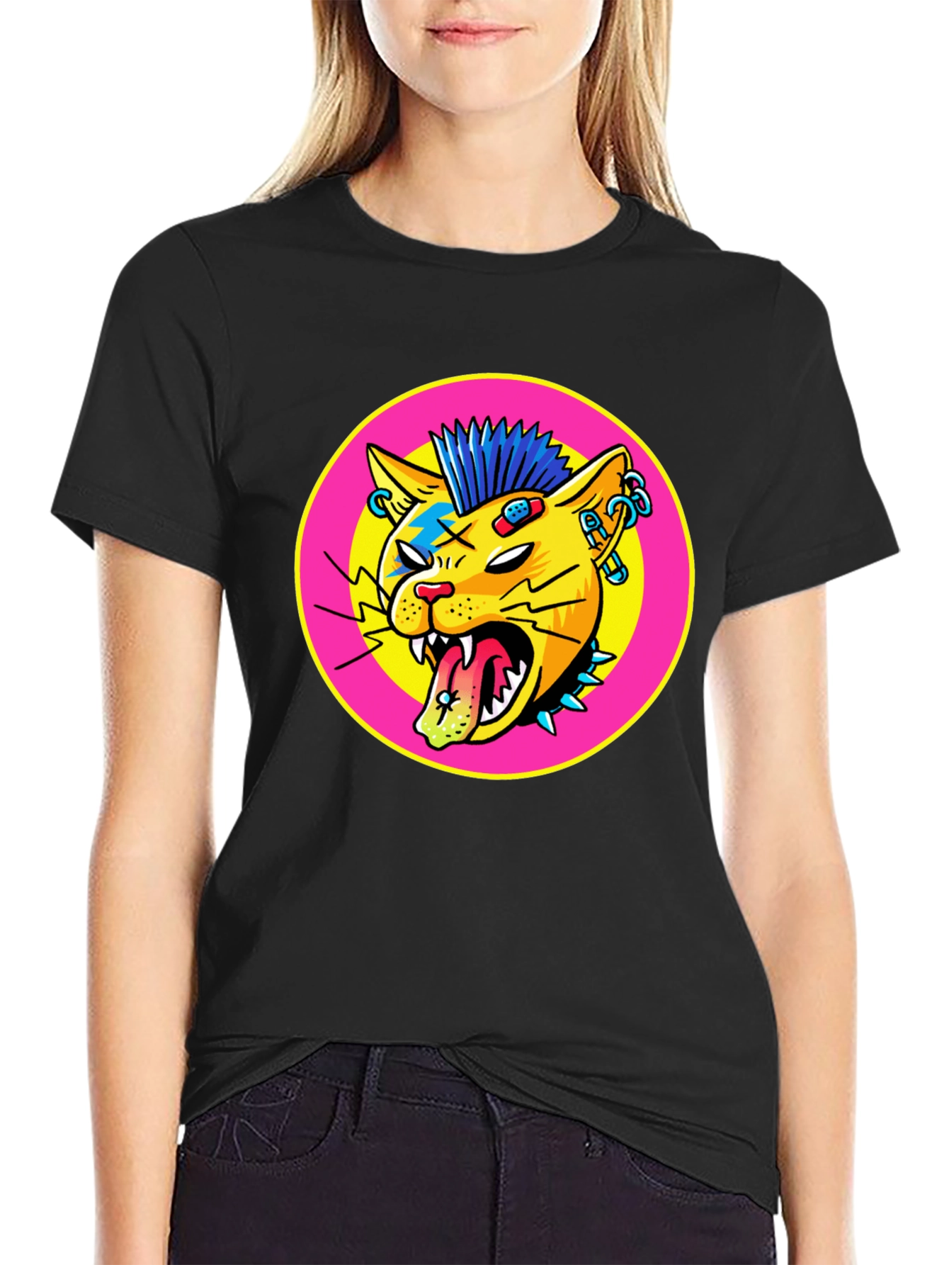 Black Punk Rock Cat Graphic Tee view 2