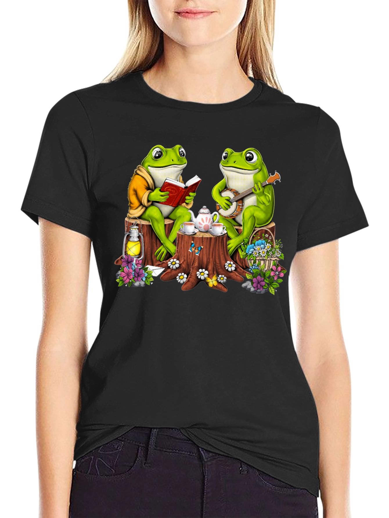 Black Frog Tea Party T-Shirt - Whimsical Design view 2