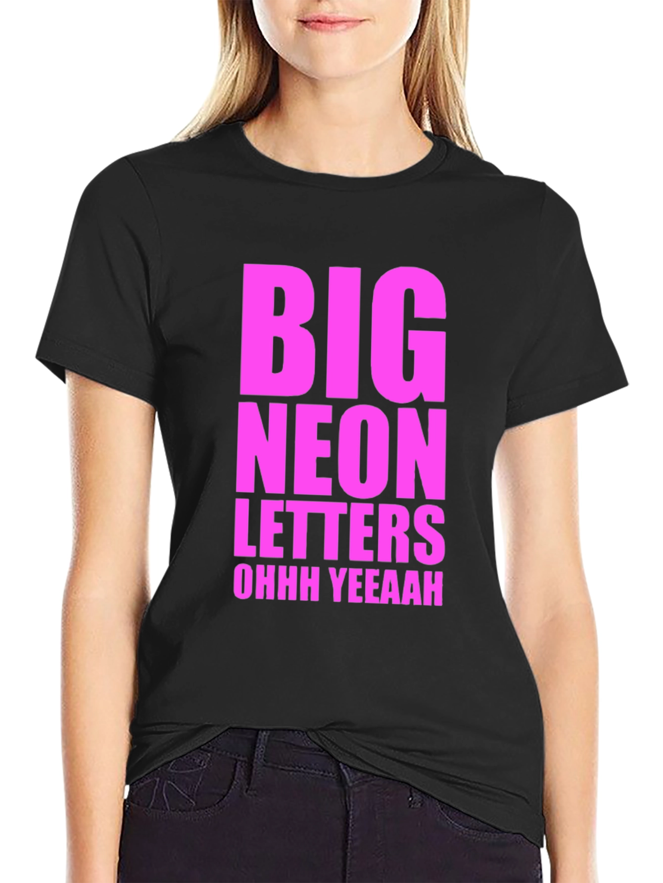 Black Big Neon Letters Graphic Tee - Black Cotton T-Shirt view 2