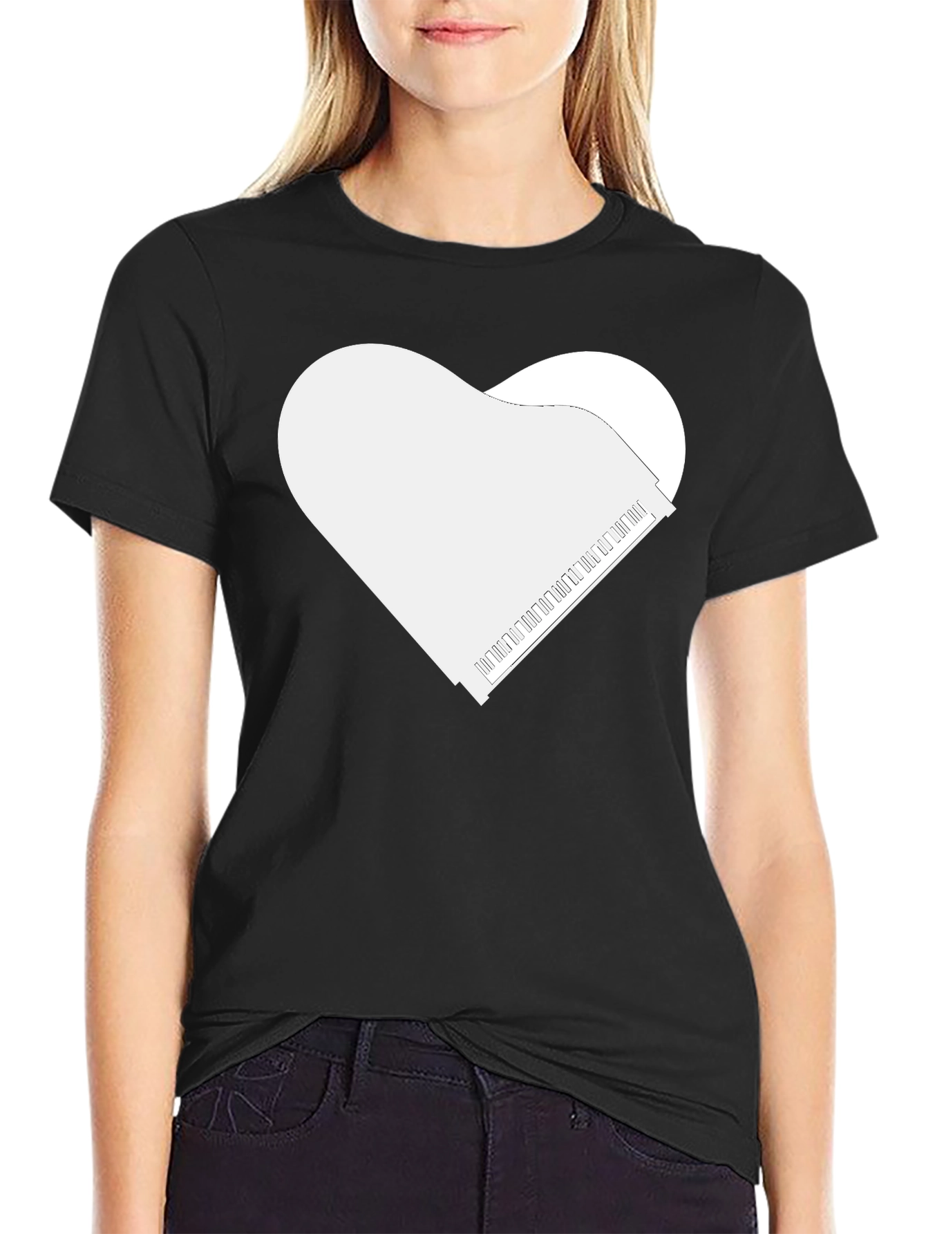 Black Piano Heart Tee - Music Lover's Black T-Shirt view 2