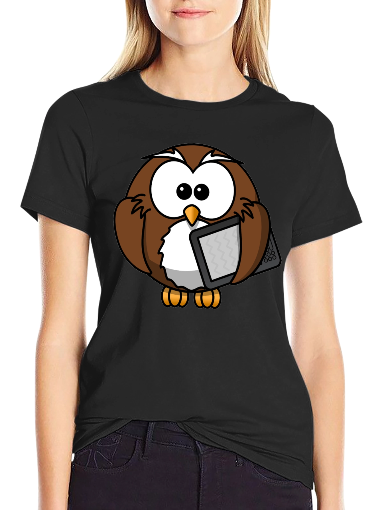 Black Owl Reading E-reader Graphic T-Shirt view 2