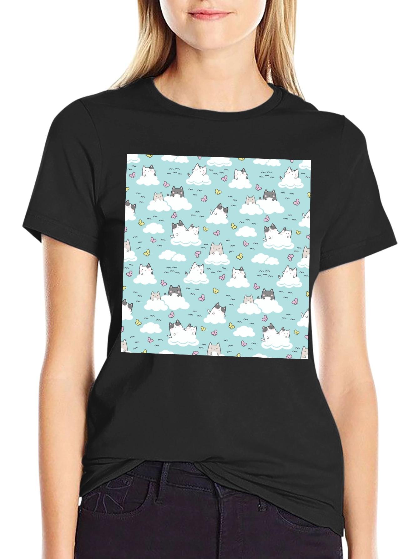 Black Cloud Cat Tee - Cute Pattern Black T-Shirt view 2