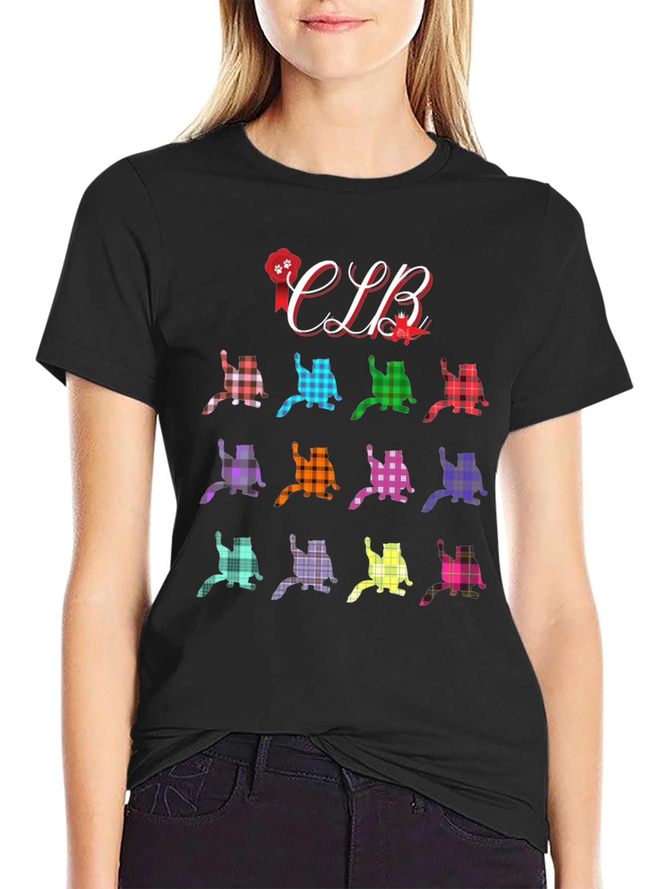Black Colorful Plaid Cat Lover T-Shirt view 2